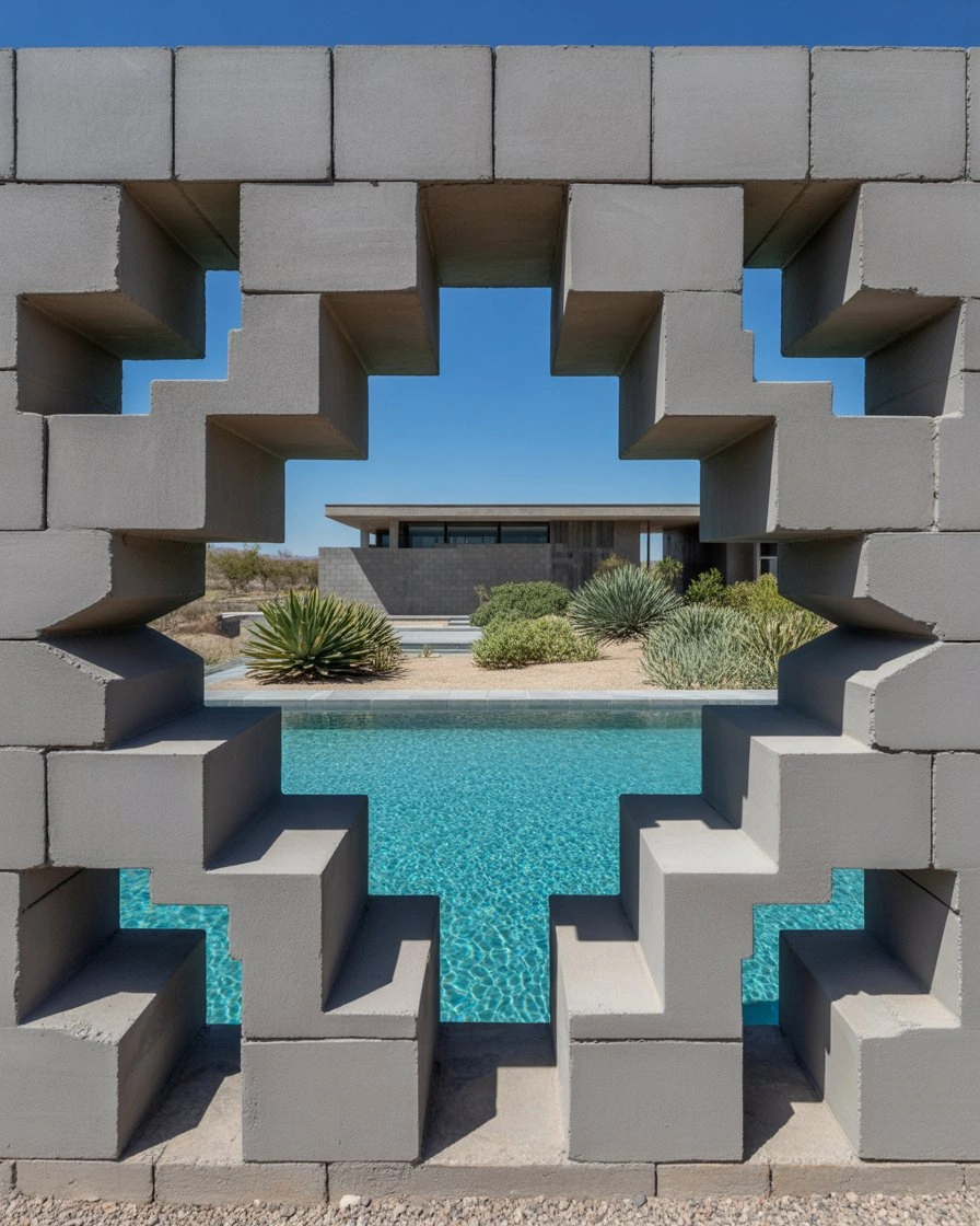 Modernist Concrete Block with Geometric Cutouts 1