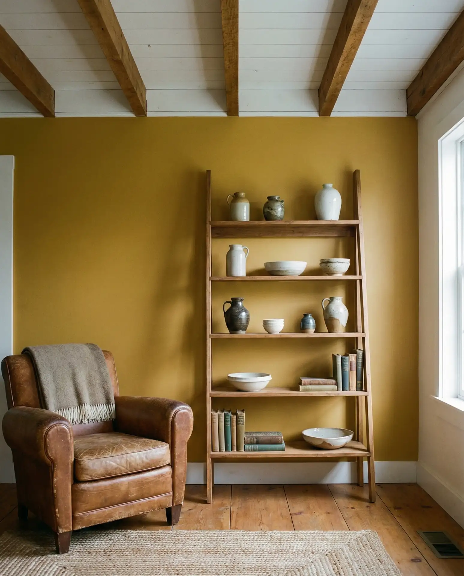 Mustard Yellow Accent Wall in a Rustic Space 2