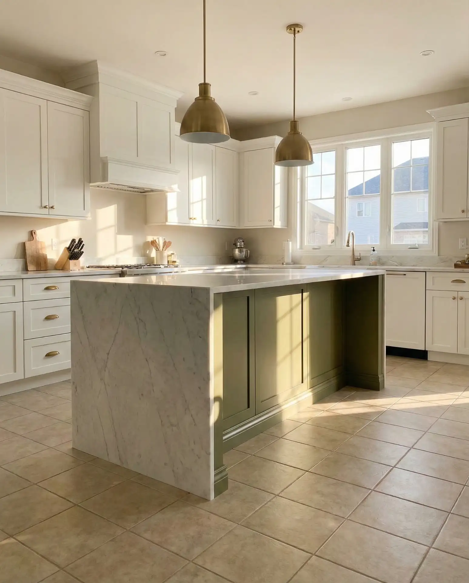 Olive Green Island with Marble Waterfall Edge 1