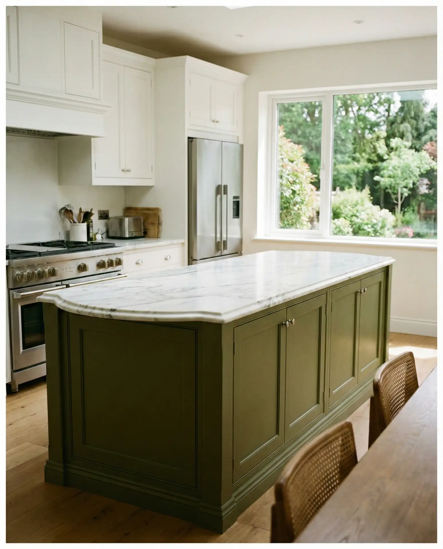 Olive Green Island with Marble Waterfall Edge 2