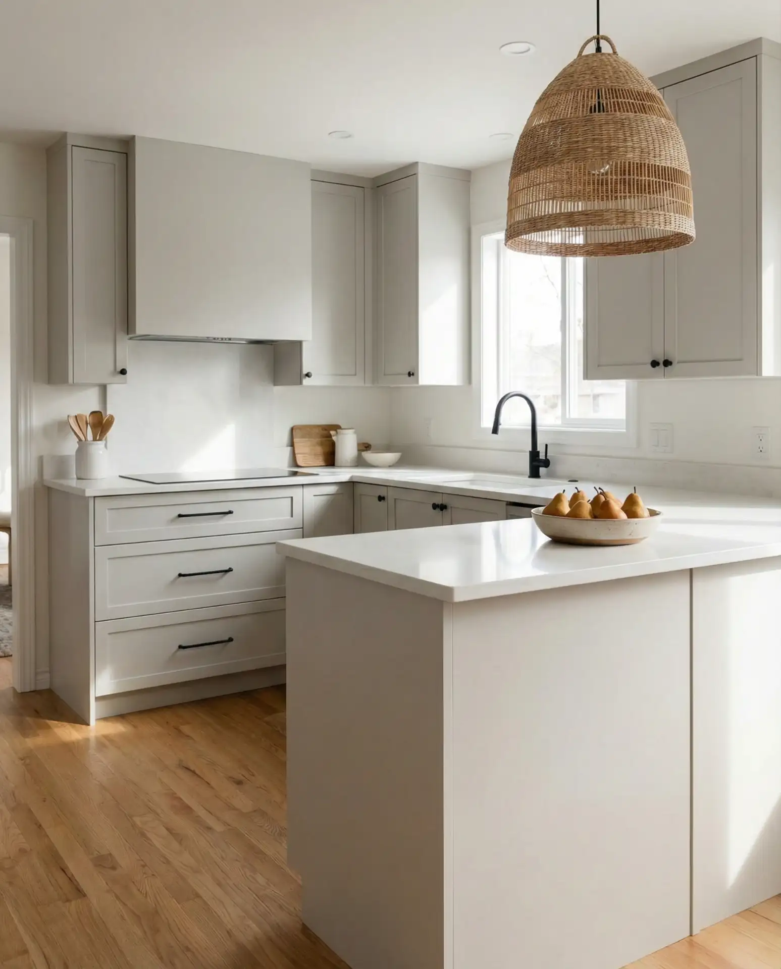 Pale Gray Cabinets with Warm Wood Floors 1