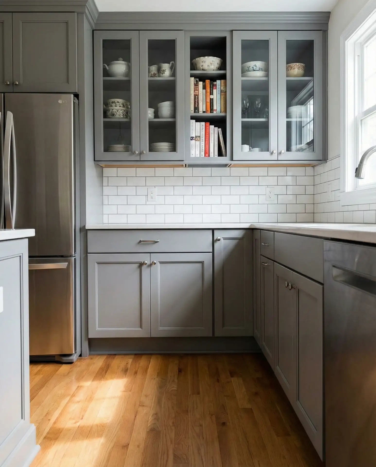 Pale Gray Cabinets with Warm Wood Floors 2