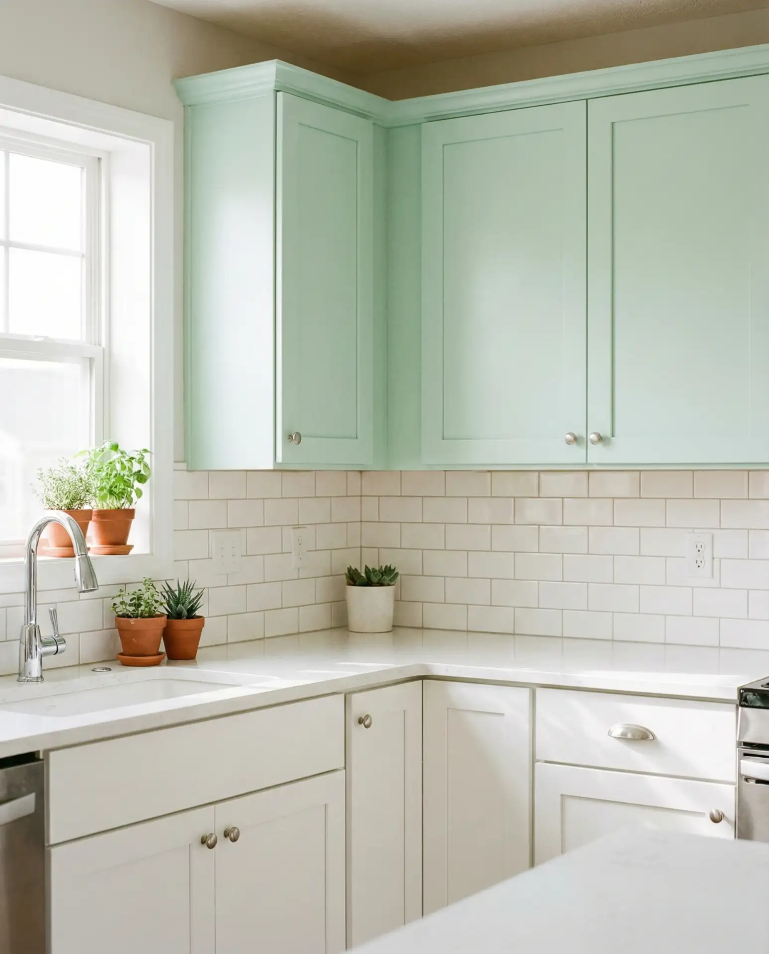 Pastel Mint Upper Cabinets with White Lowers 1