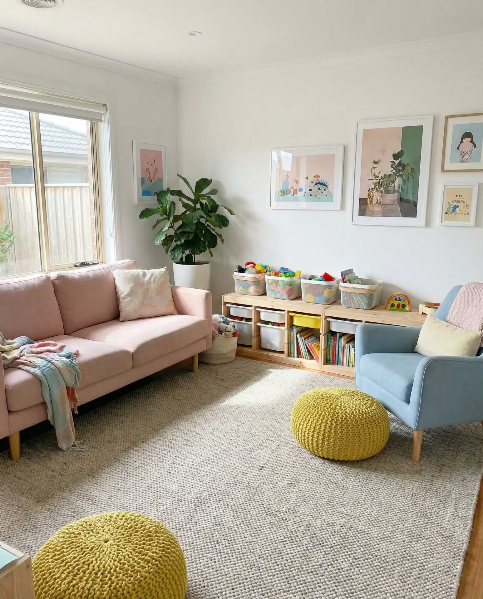 Pink, Blue, and Yellow Playroom-Style Living Room 1