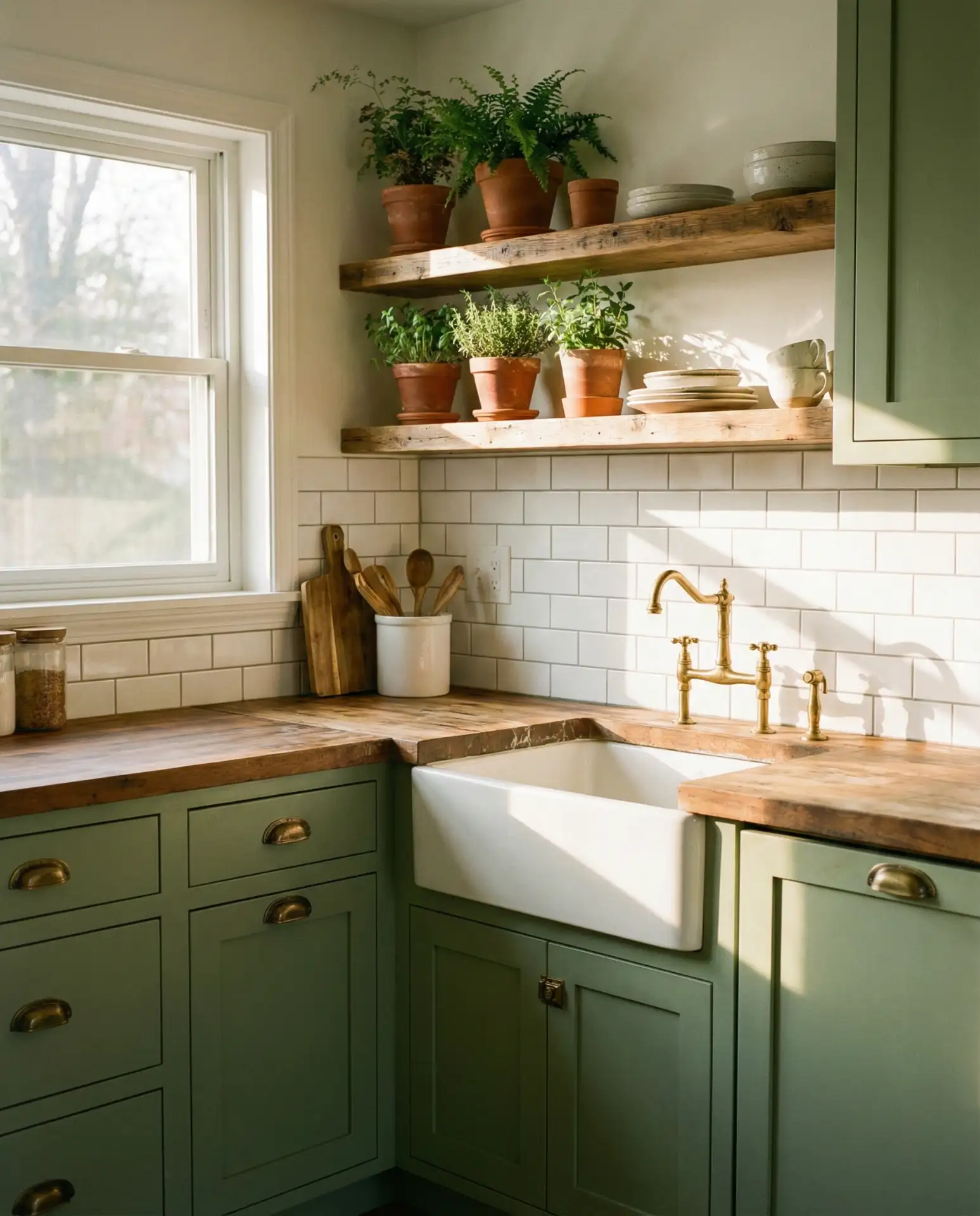 Pista Green Lower Cabinets with Open Shelving 1