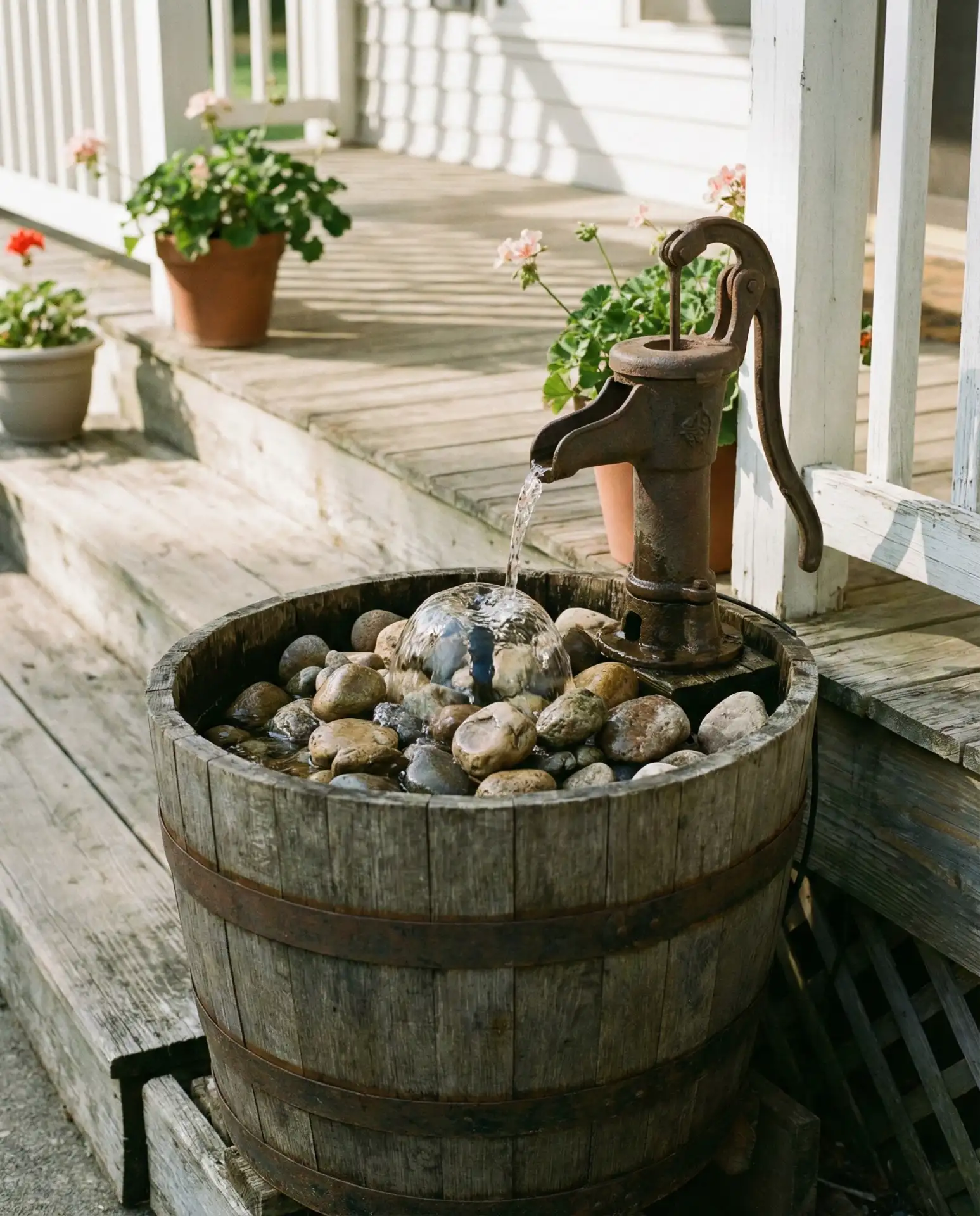 Rustic Barrel and Rock Fountain for Farmhouse Charm 1