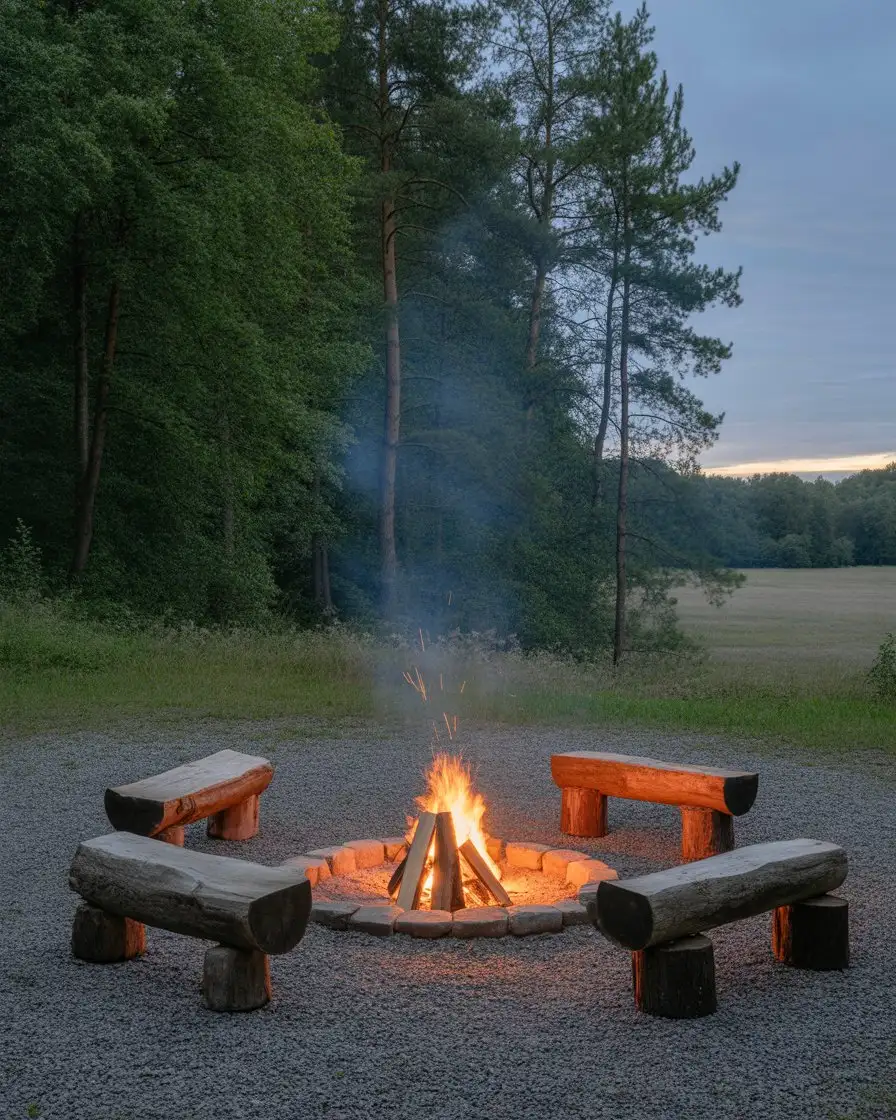 Rustic Country Fire Ring with Log Seating 1