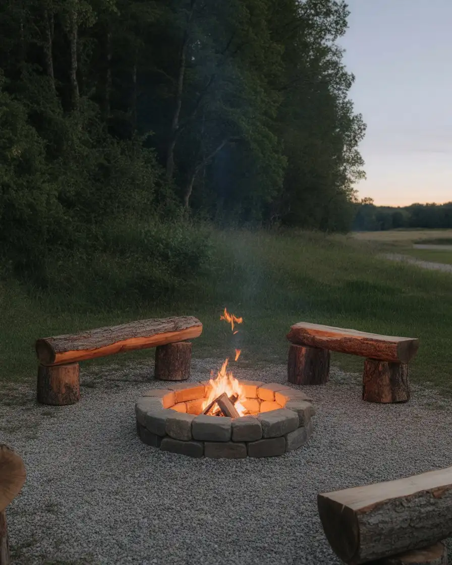Rustic Country Fire Ring with Log Seating 2