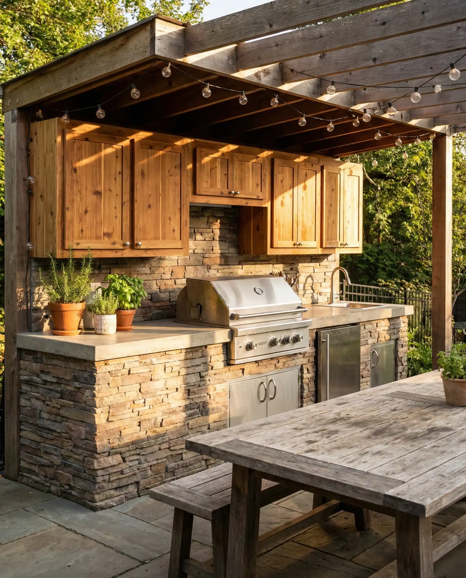 Rustic Outdoor Kitchen with Stone and Cedar 2
