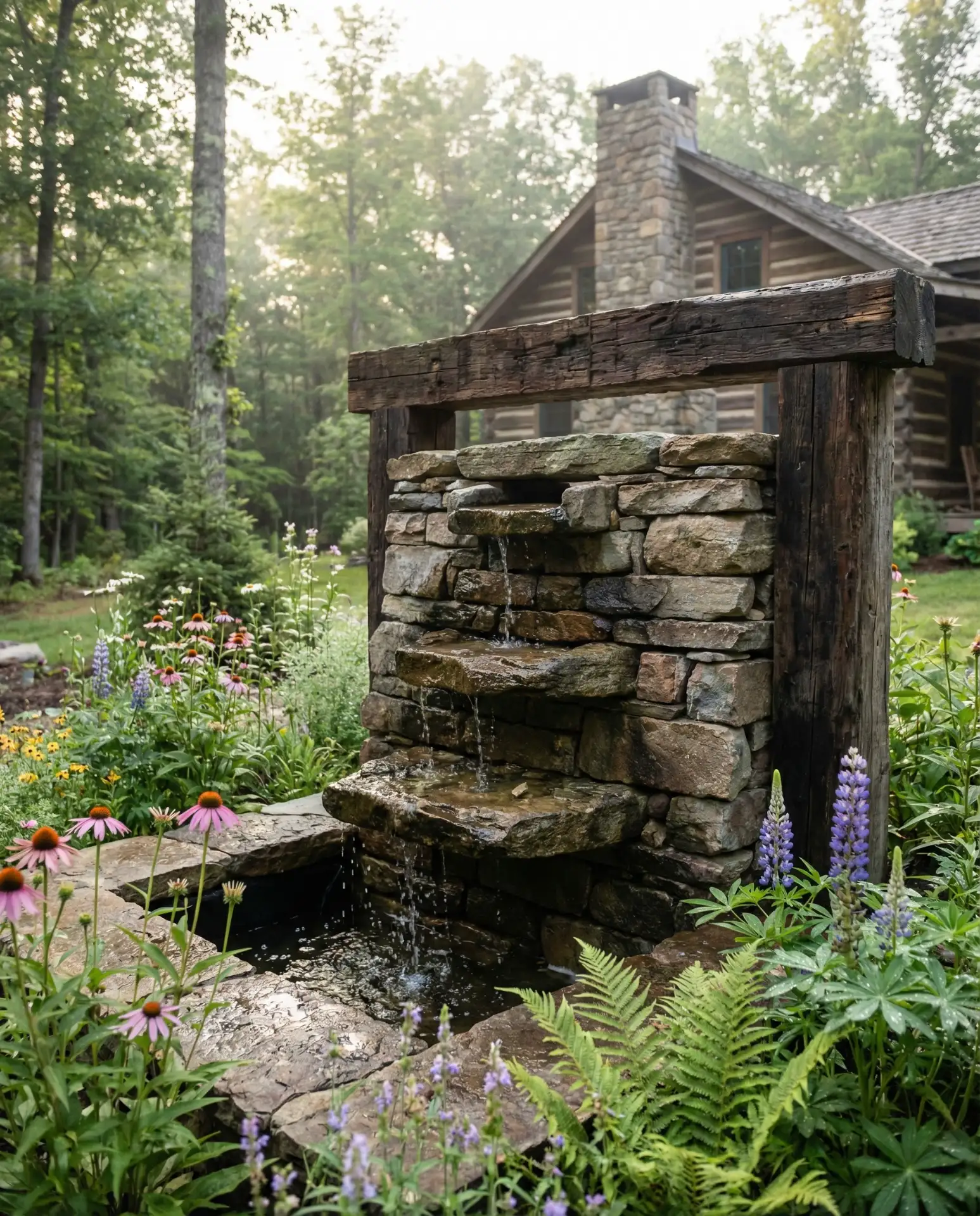 Rustic Wood and Stone Fountain for Cabin Vibes 1