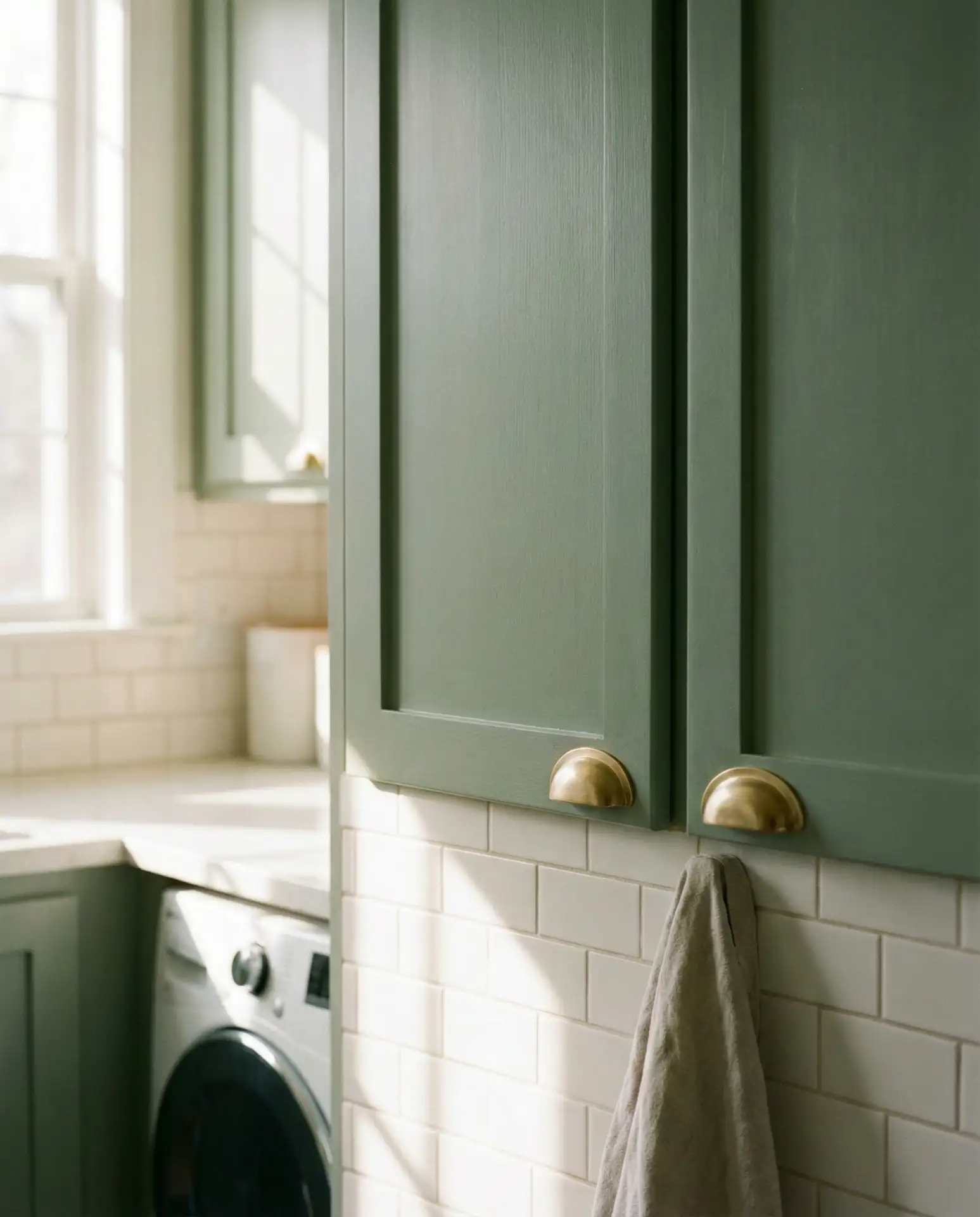 Sage Green Cabinets with Brass Hardware 2