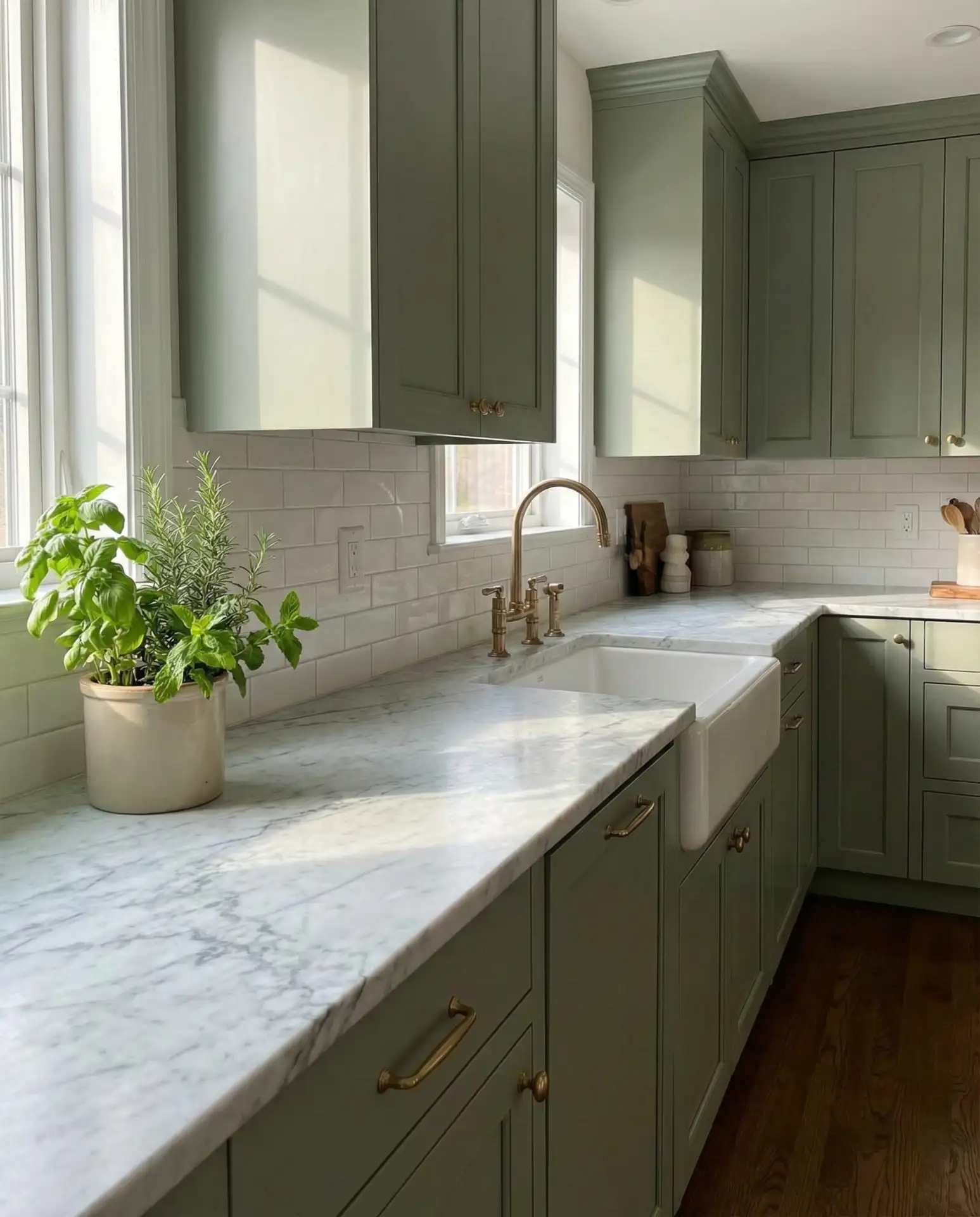 Sage Green Cabinets with Marble Countertops 2