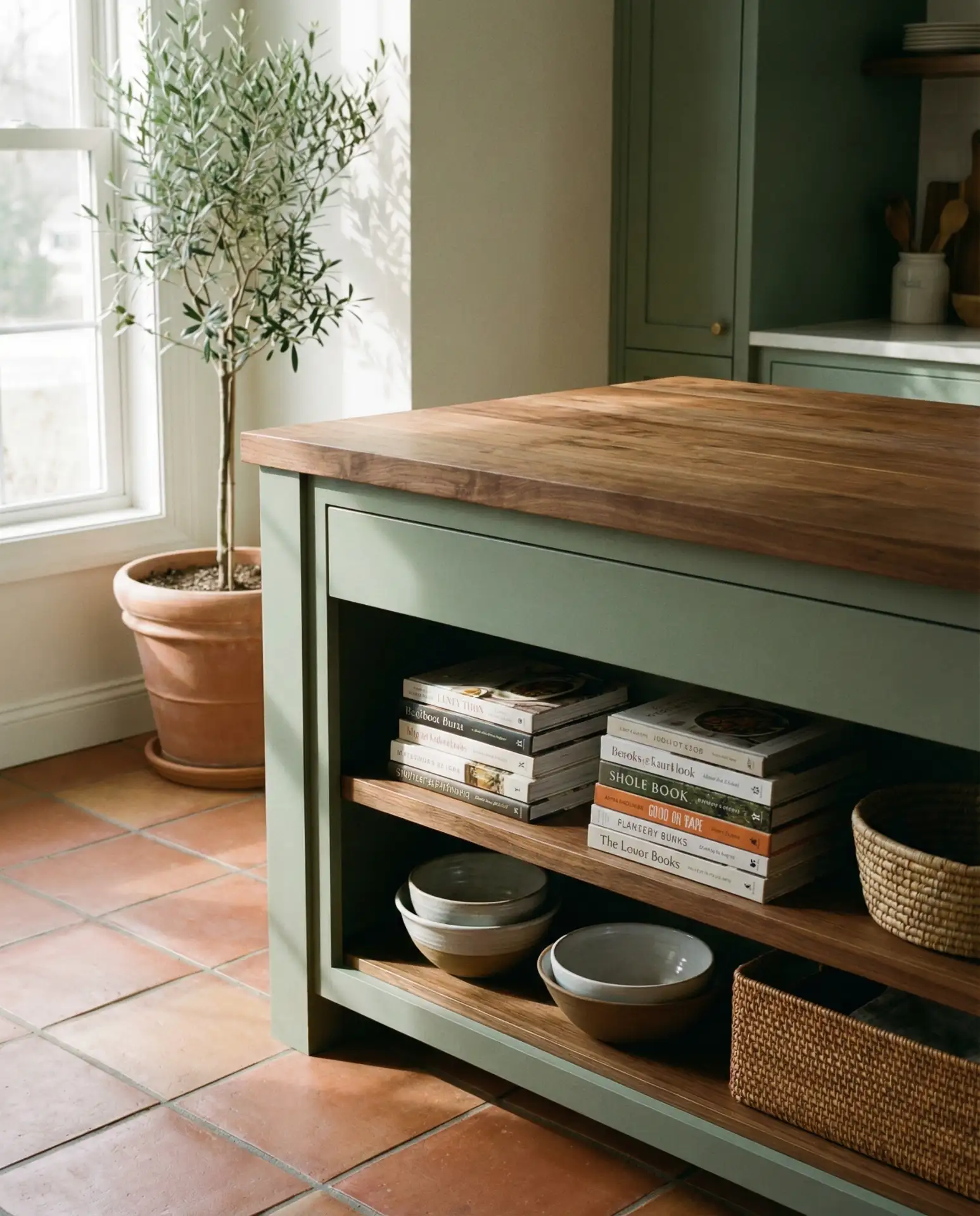 Sage Green Island with Wood Countertops 2