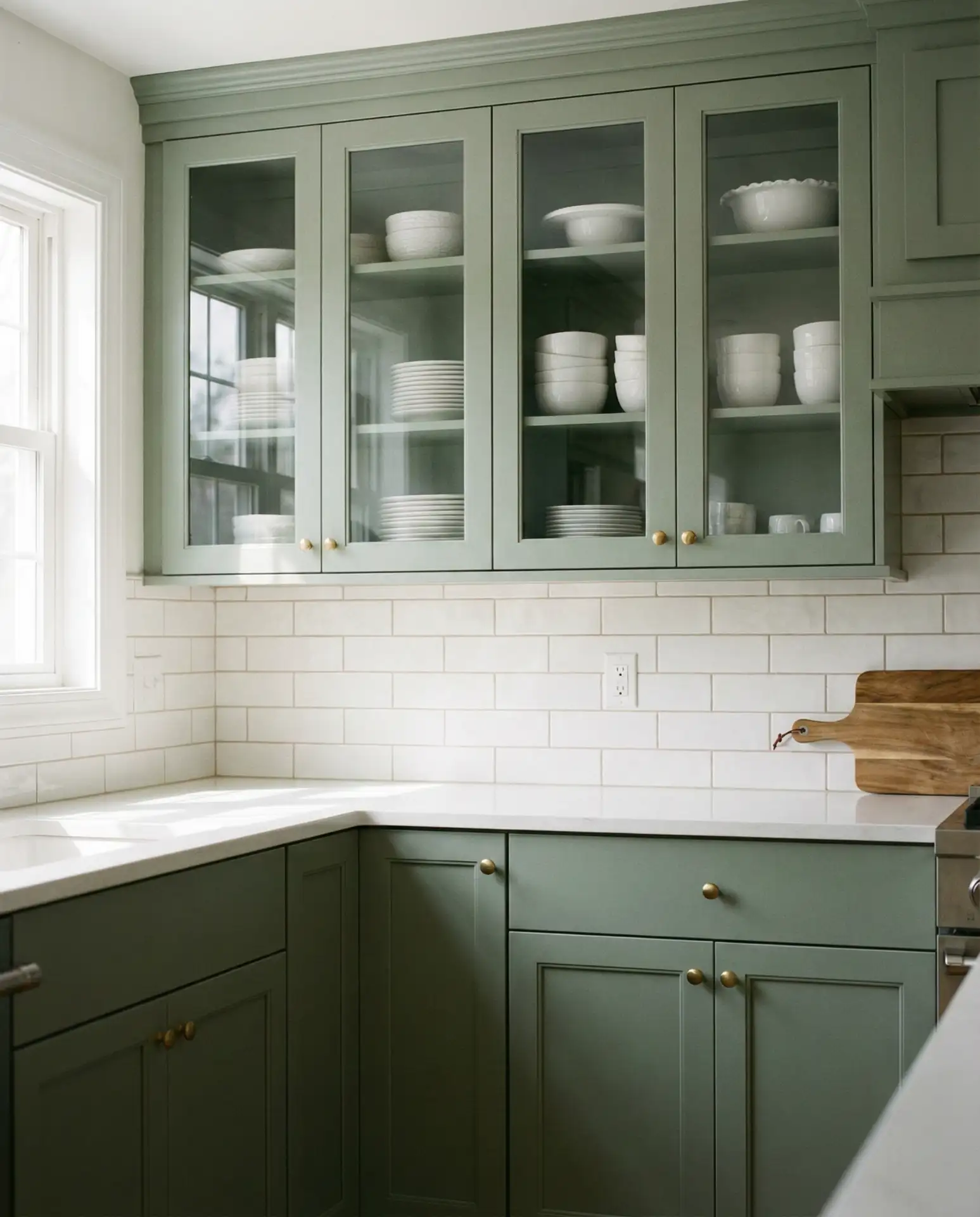 Sage Green Kitchen Cupboards with Glass Fronts 1