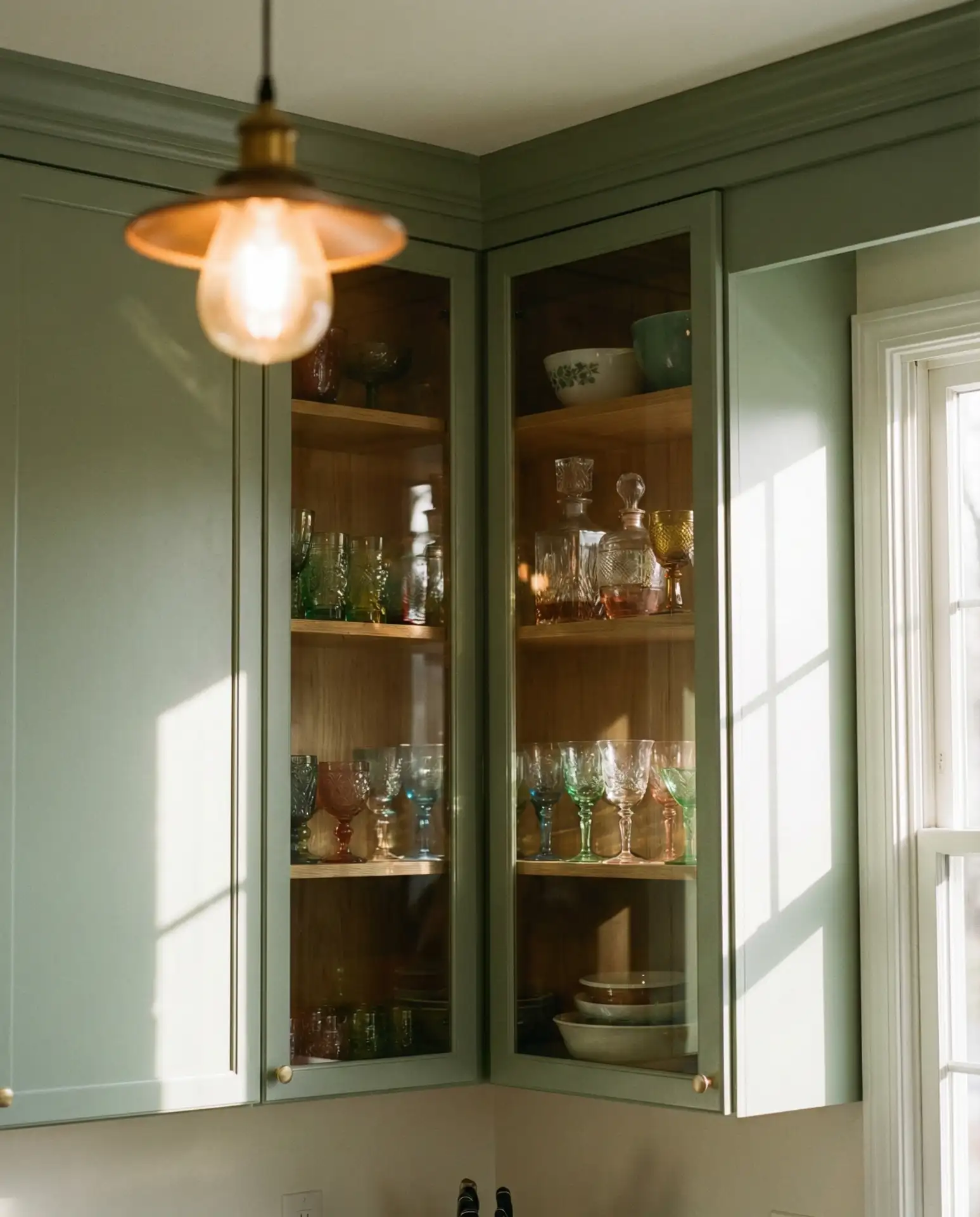 Sage Green Kitchen Cupboards with Glass Fronts 2