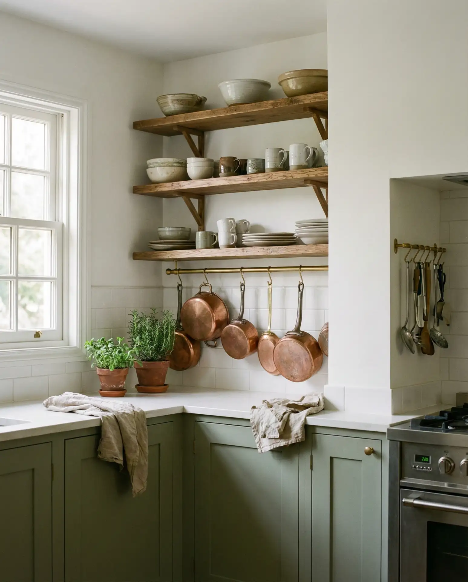 Sage Green Kitchen with Exposed Shelving and Hooks 1