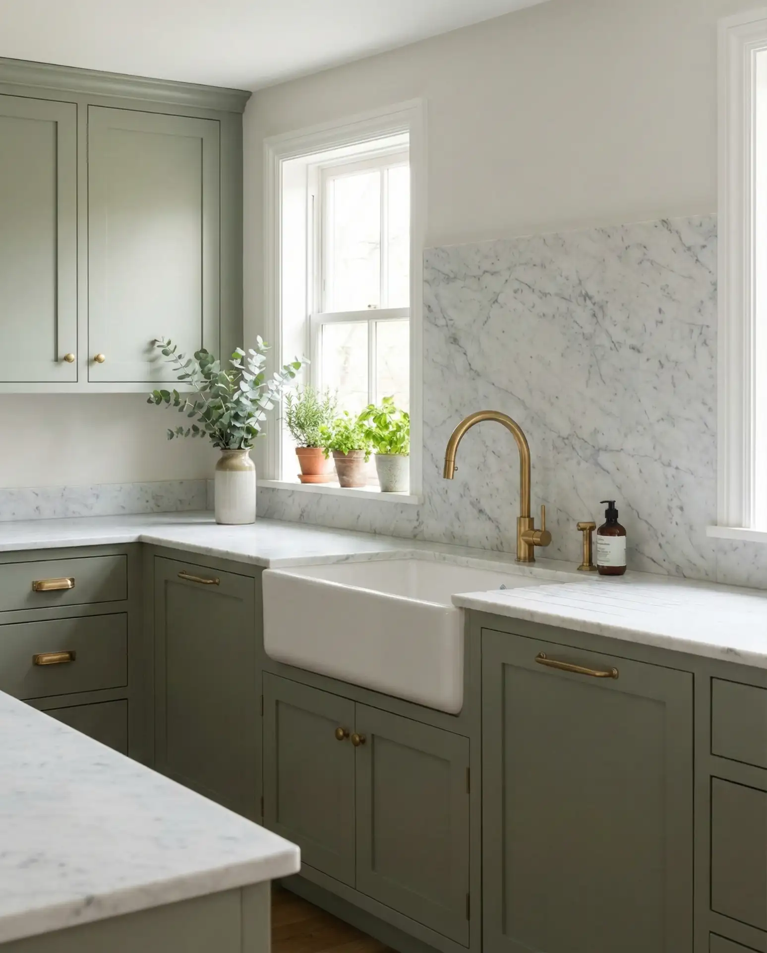 Sage Green Kitchen with Marble Backsplash 2
