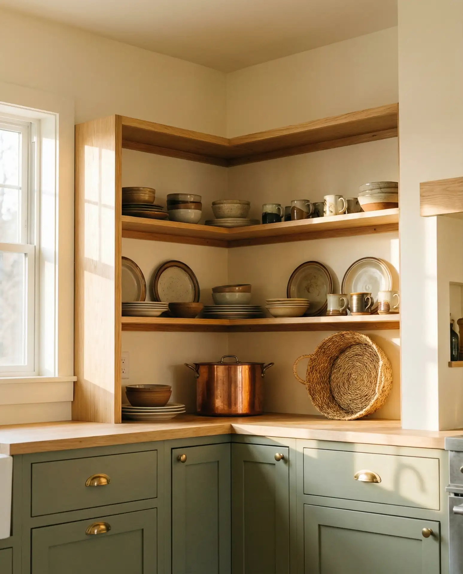 Sage Green Kitchen with Open Shelving 2