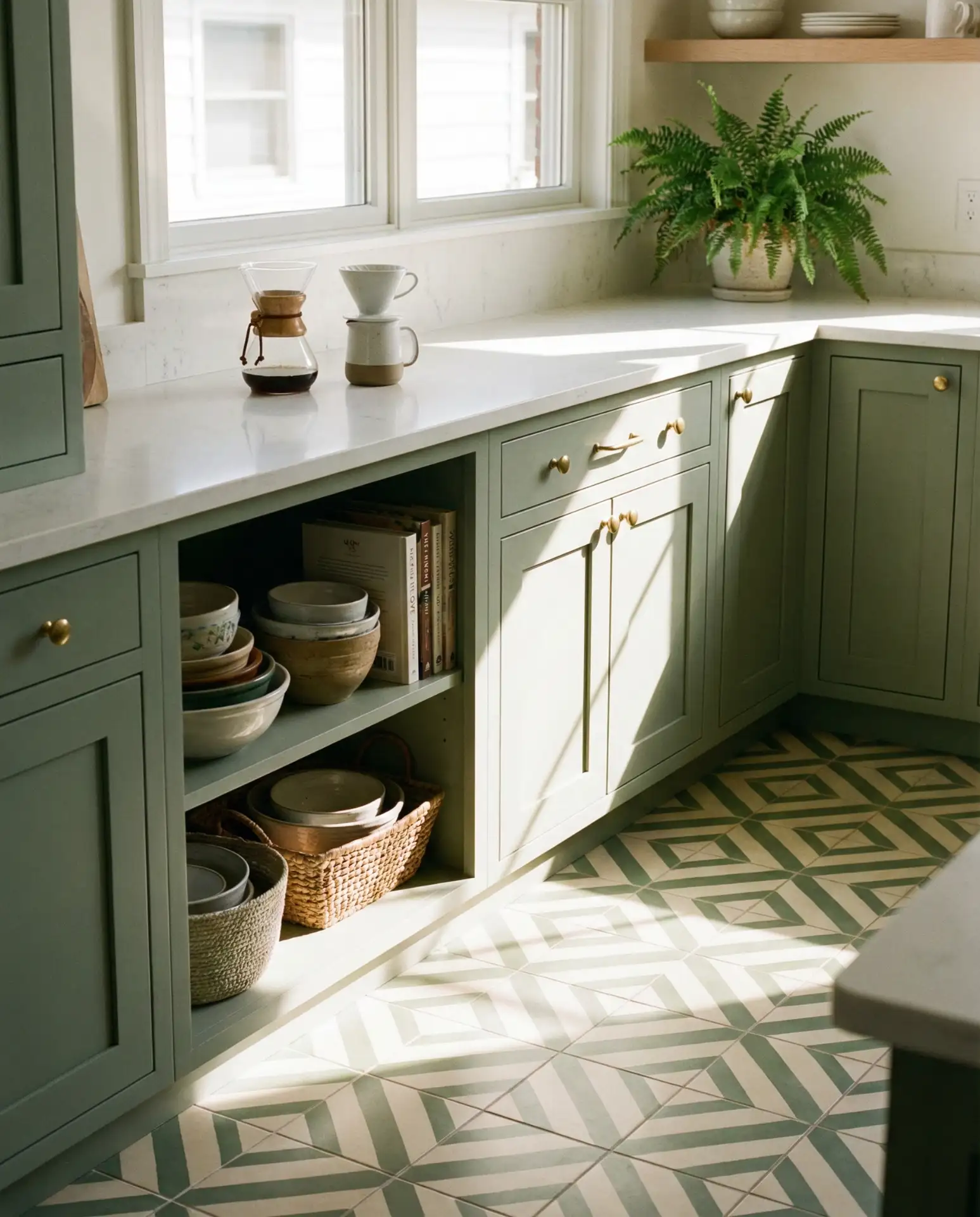 Sage Green Kitchen with Patterned Floor Tiles 1