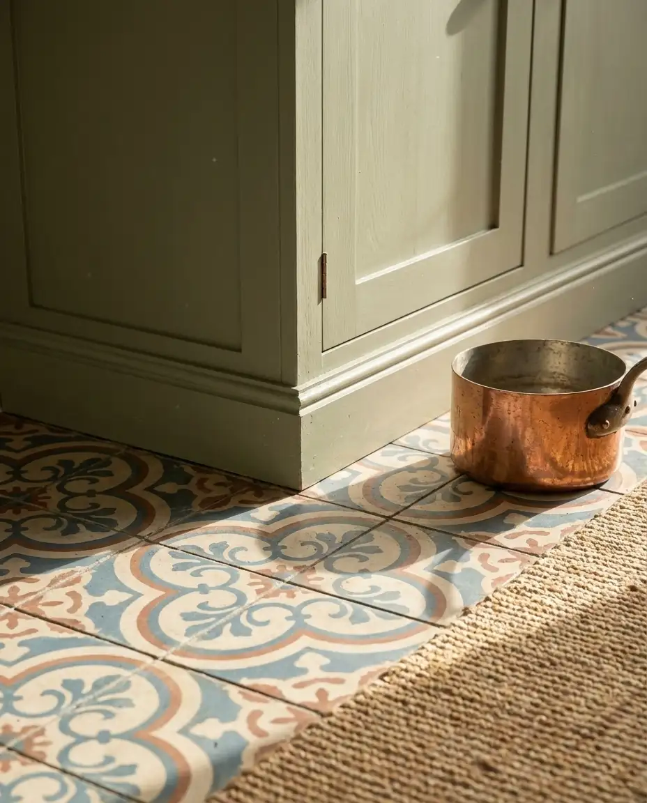 Sage Green Kitchen with Patterned Floor Tiles 2