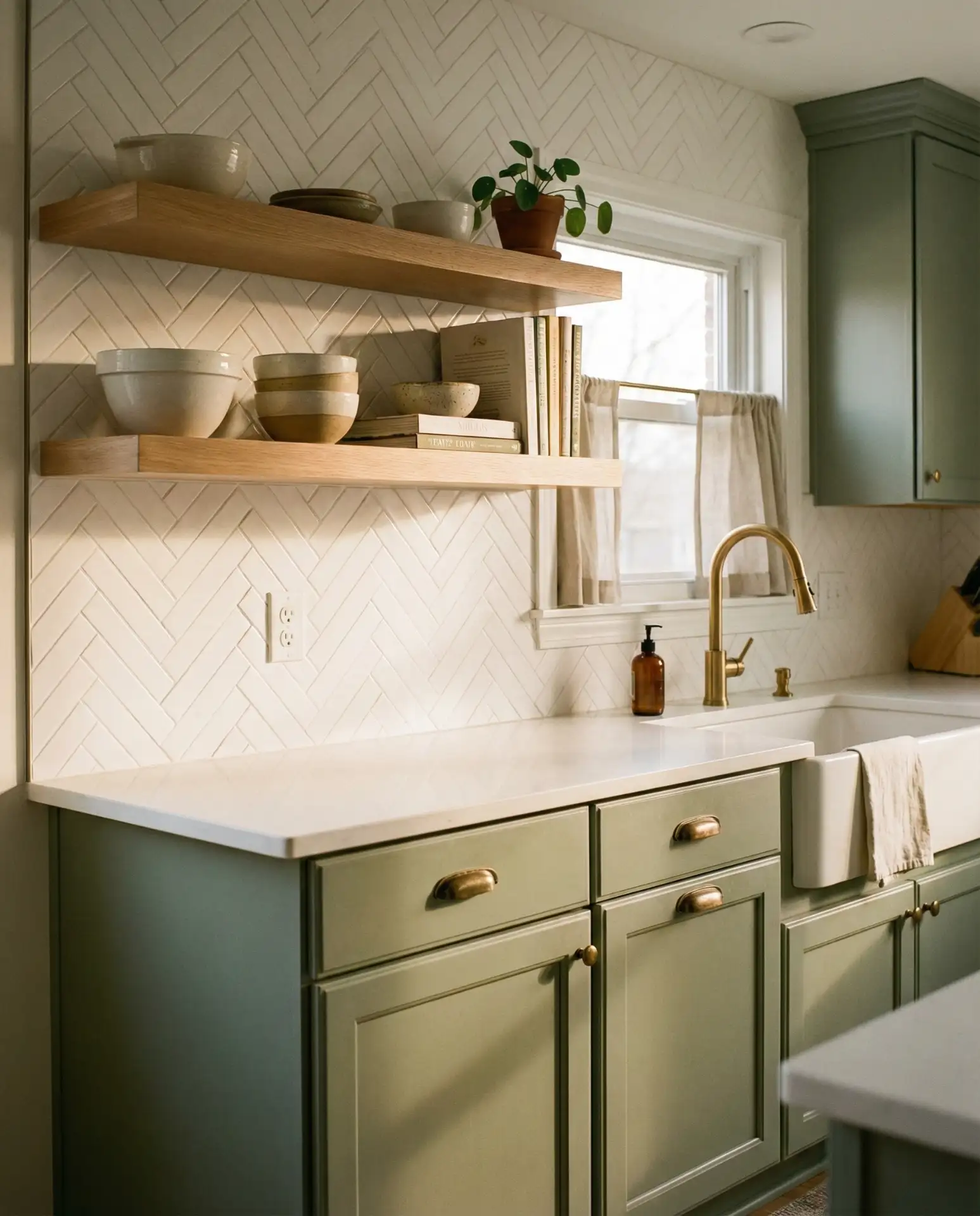 Sage Green Kitchen with Subway Tile Backsplash 1