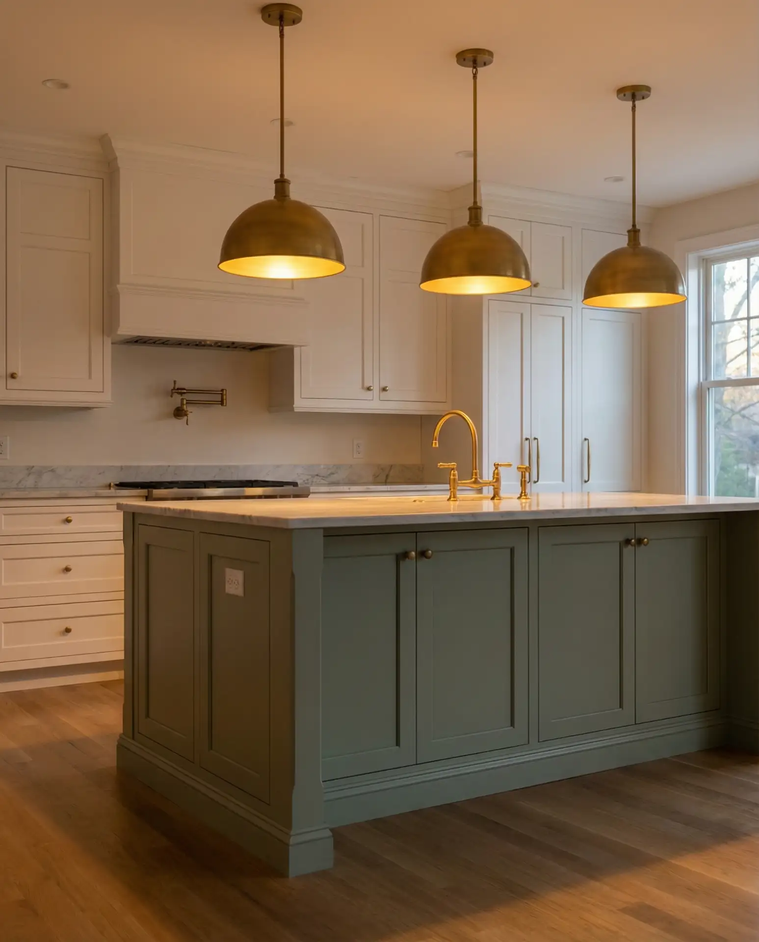 Sage Green Kitchen with Warm Brass Lighting 2