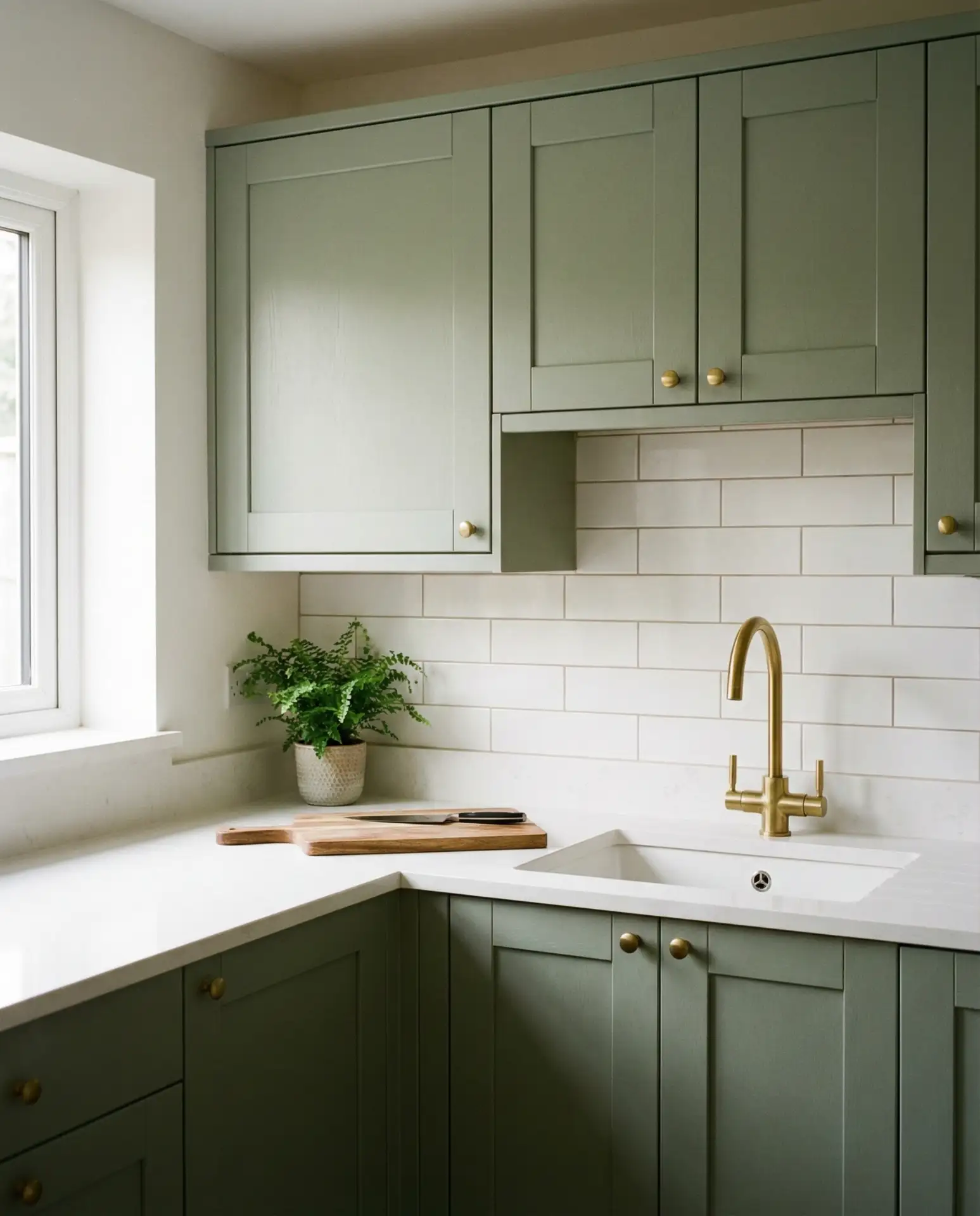 Sage Green Kitchen with White Quartz Countertops 1