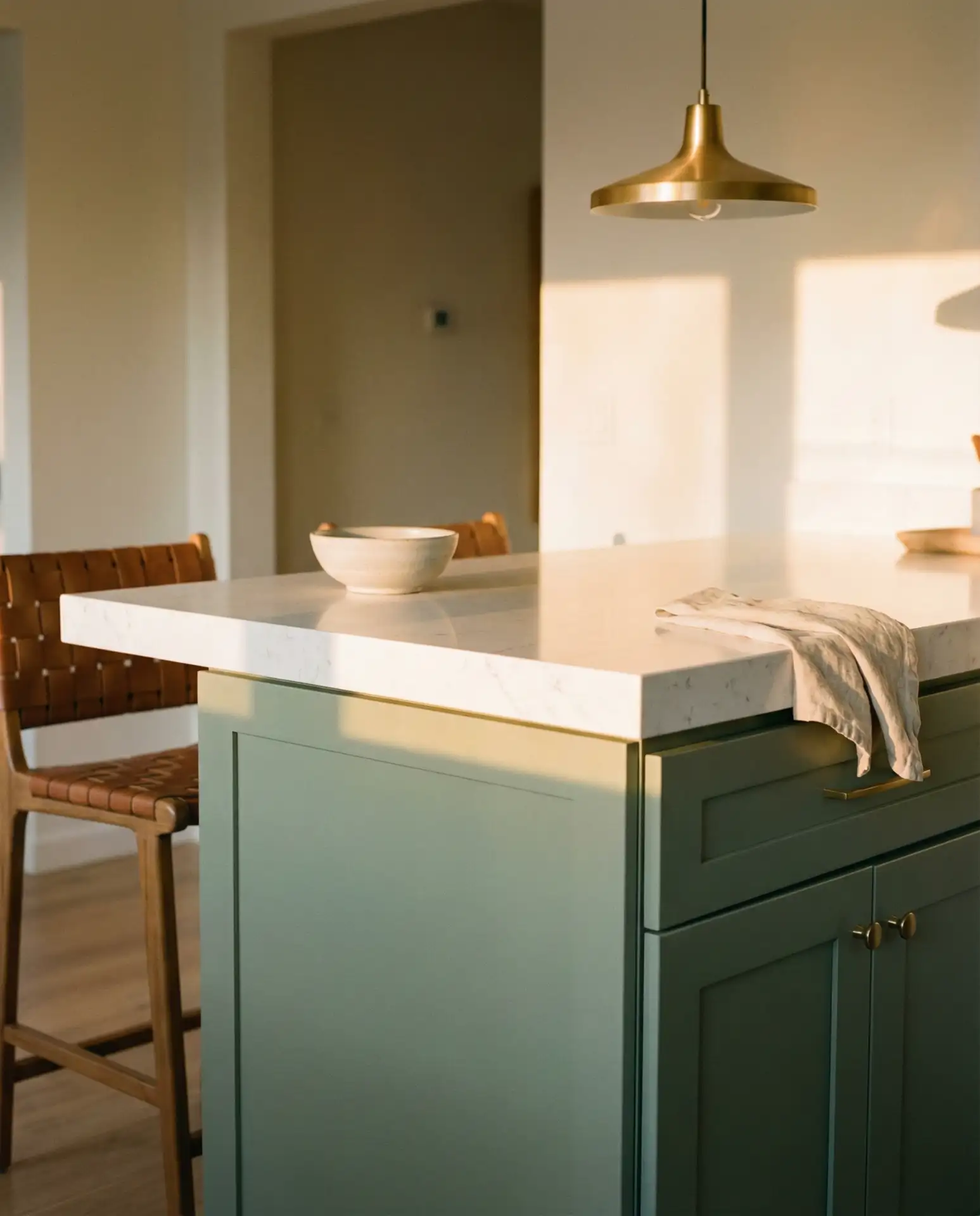 Sage Green Kitchen with White Quartz Countertops 2