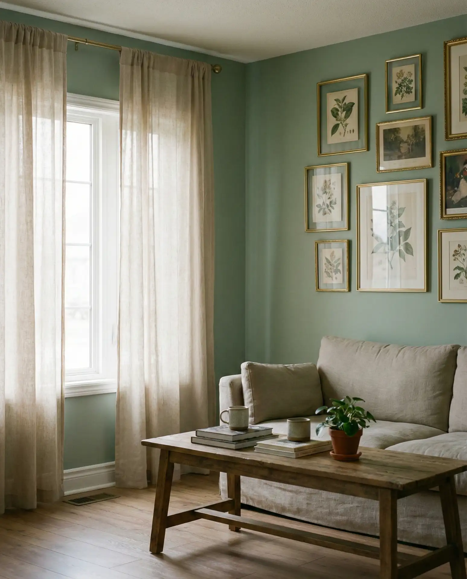 Sage Green Walls with Brass Hardware 1