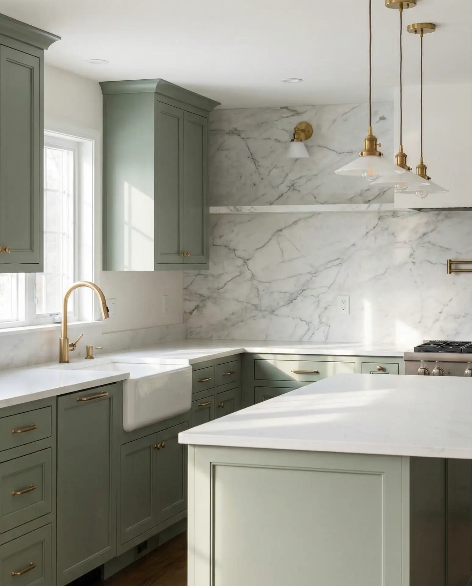 Sage Green with Brass and Marble Backsplash 1