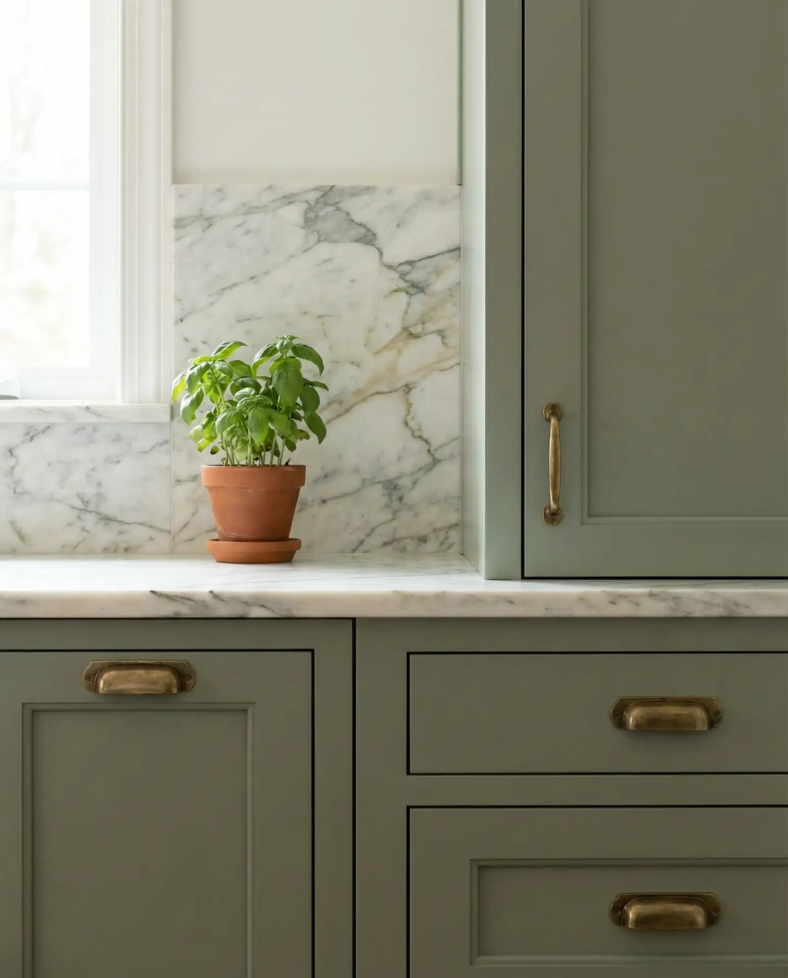 Sage Green with Brass and Marble Backsplash 2