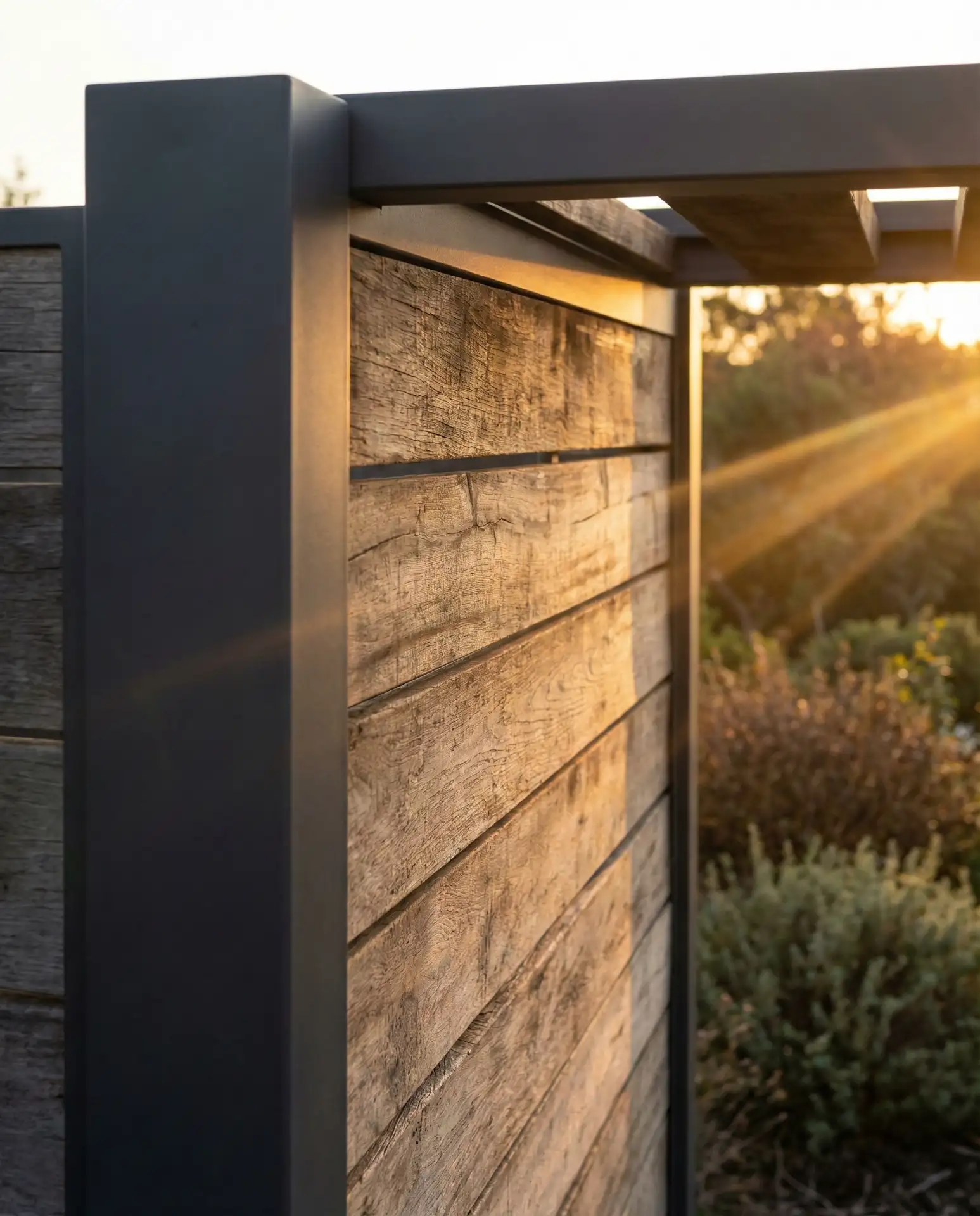 Sleek Horizontal Wood Slat Fence with Metal Posts 1