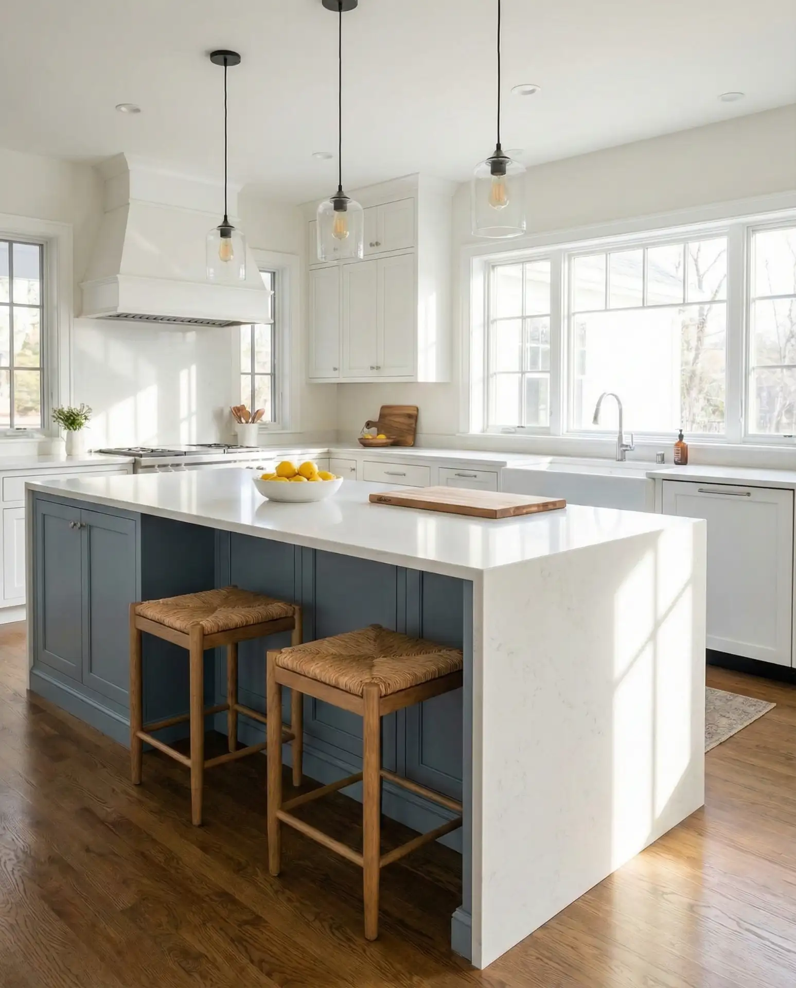 Soft Blue-Gray Island with White Perimeter Cabinets 1
