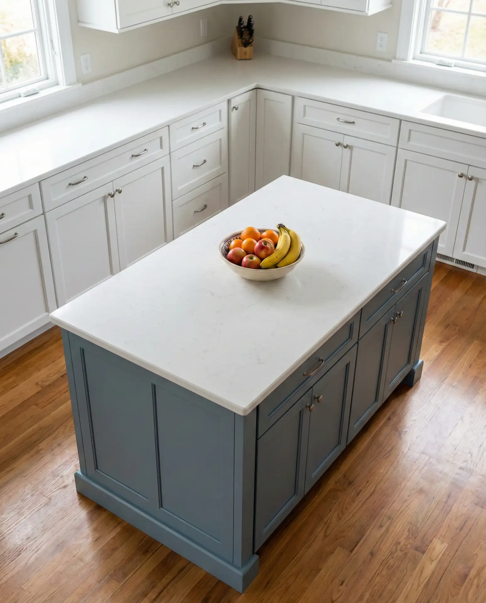 Soft Blue-Gray Island with White Perimeter Cabinets 2