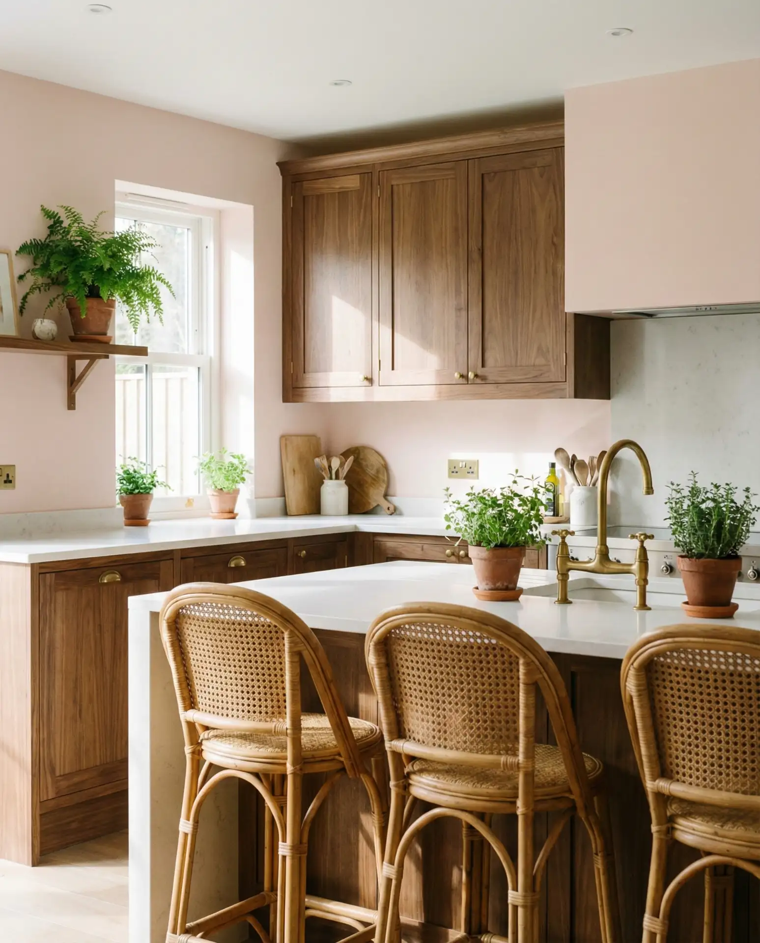 Soft Blush Pink Walls with Natural Wood Tones 2