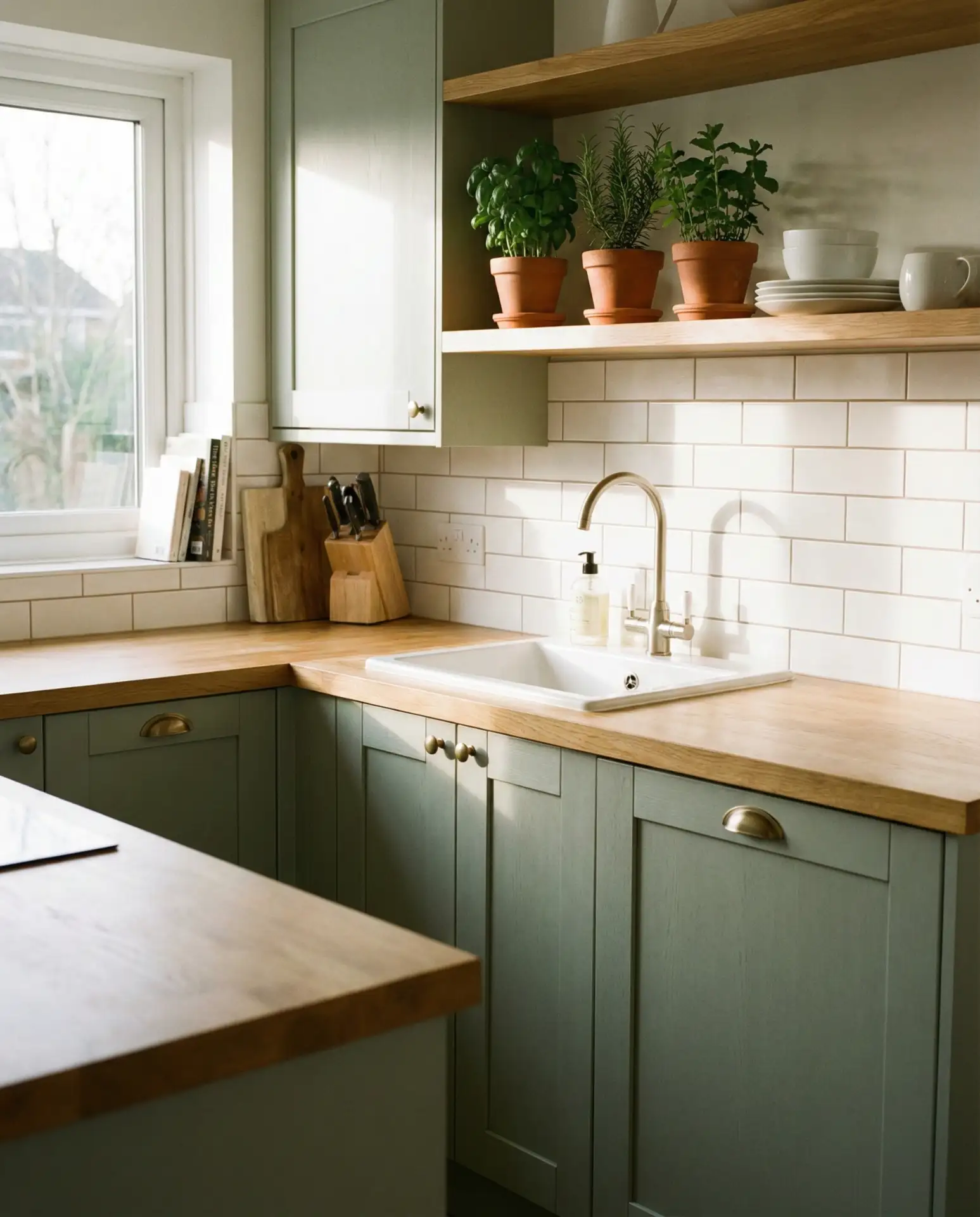 Soft Sage Cabinetry with Brass Fixtures 1
