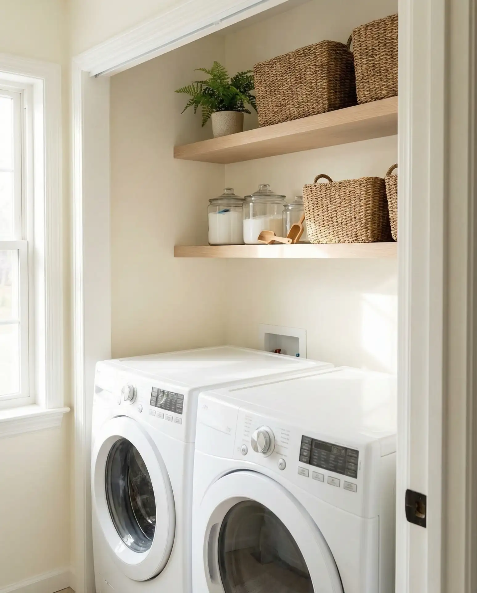 Stackable Washer and Dryer Setup with Open Shelving 1