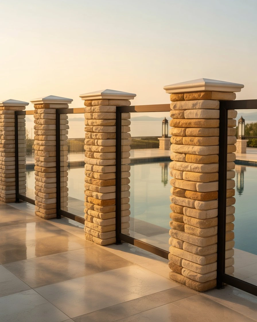 Stone Column Fence with Glass Infill 2