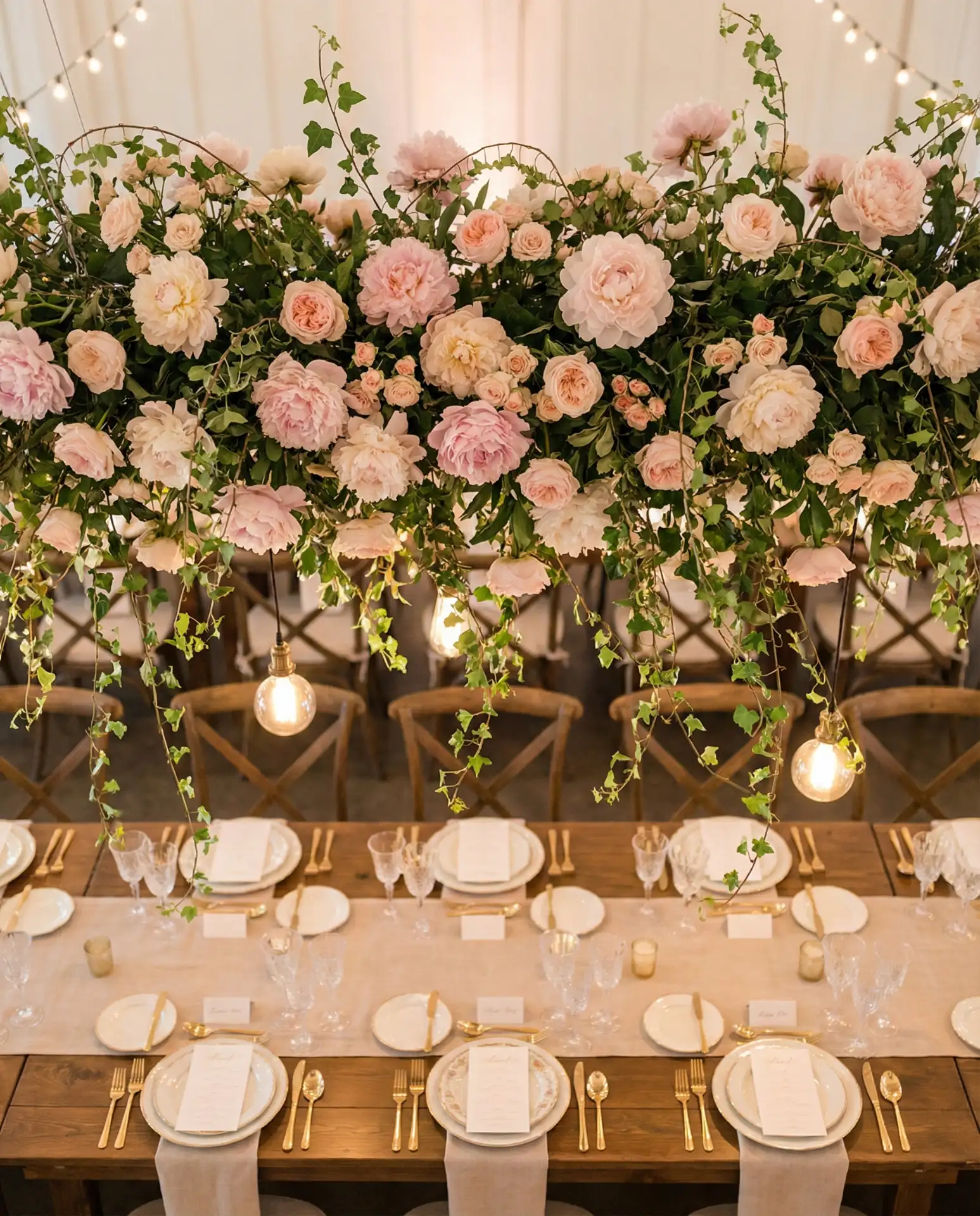 Suspended Floral Installations Over Reception Tables 1