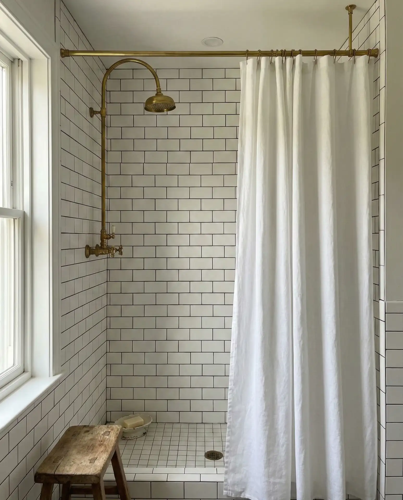 Vintage-Style Shower Curtain with Freestanding Rod 1