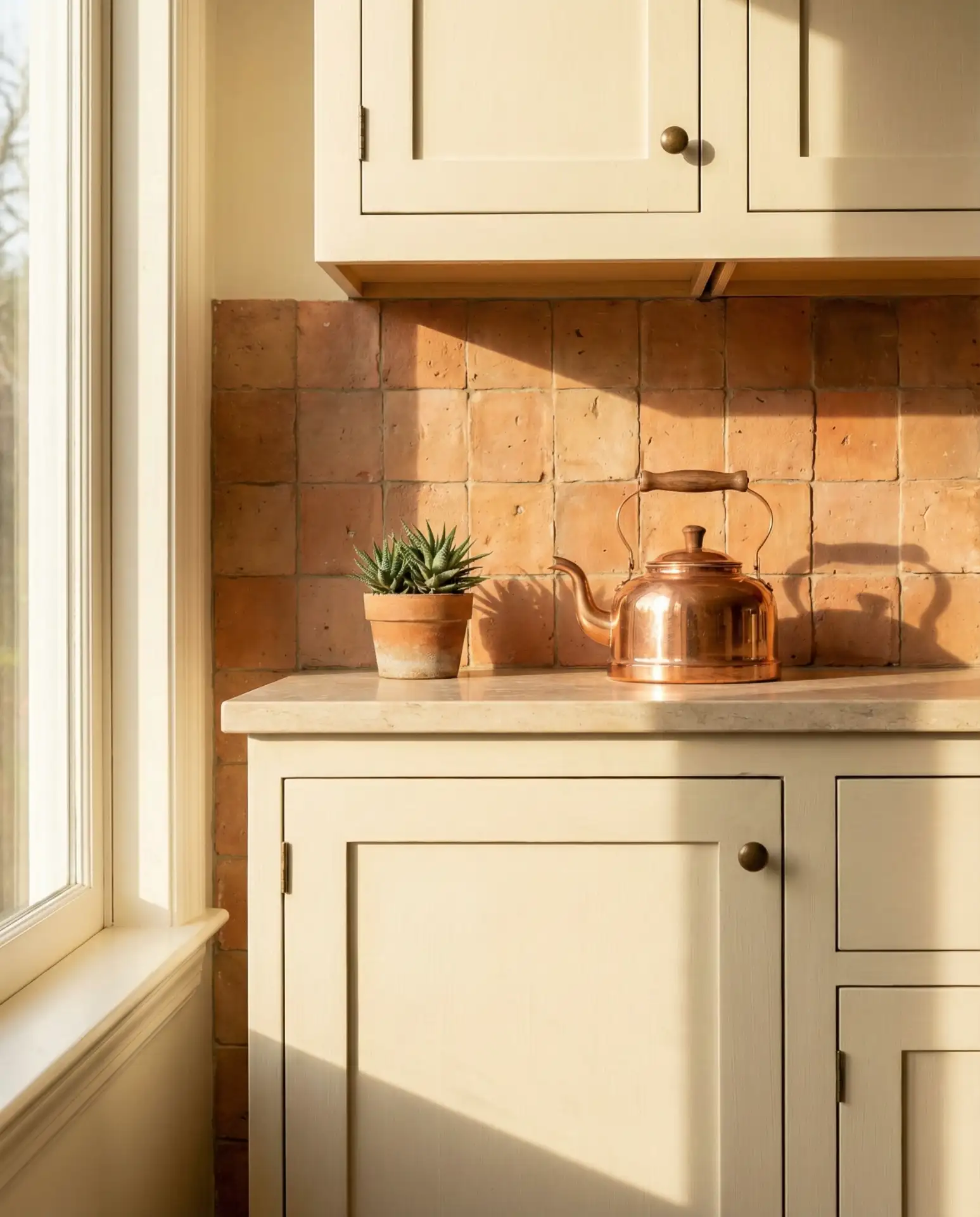 Warm Terra Cotta Tile Backsplash with Cream Cabinets 1