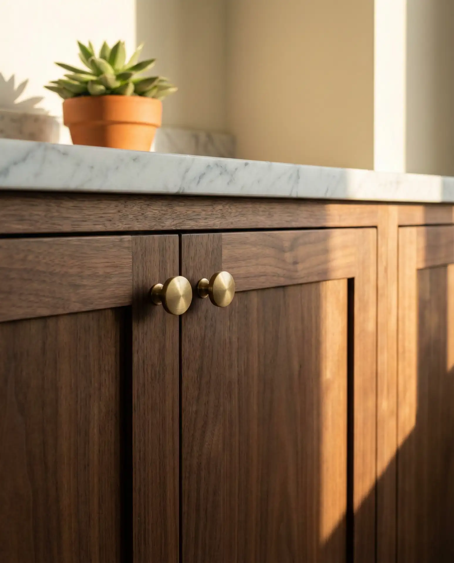 Warm Walnut Cabinetry with Brass Hardware 2