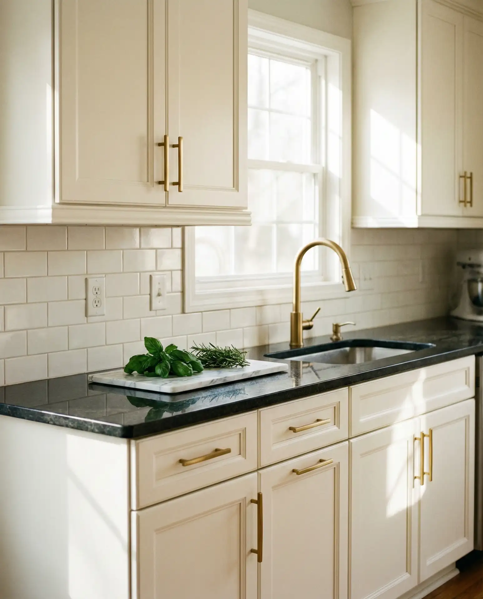 Warm White Cabinets with Black Countertops and Gold Hardware 1
