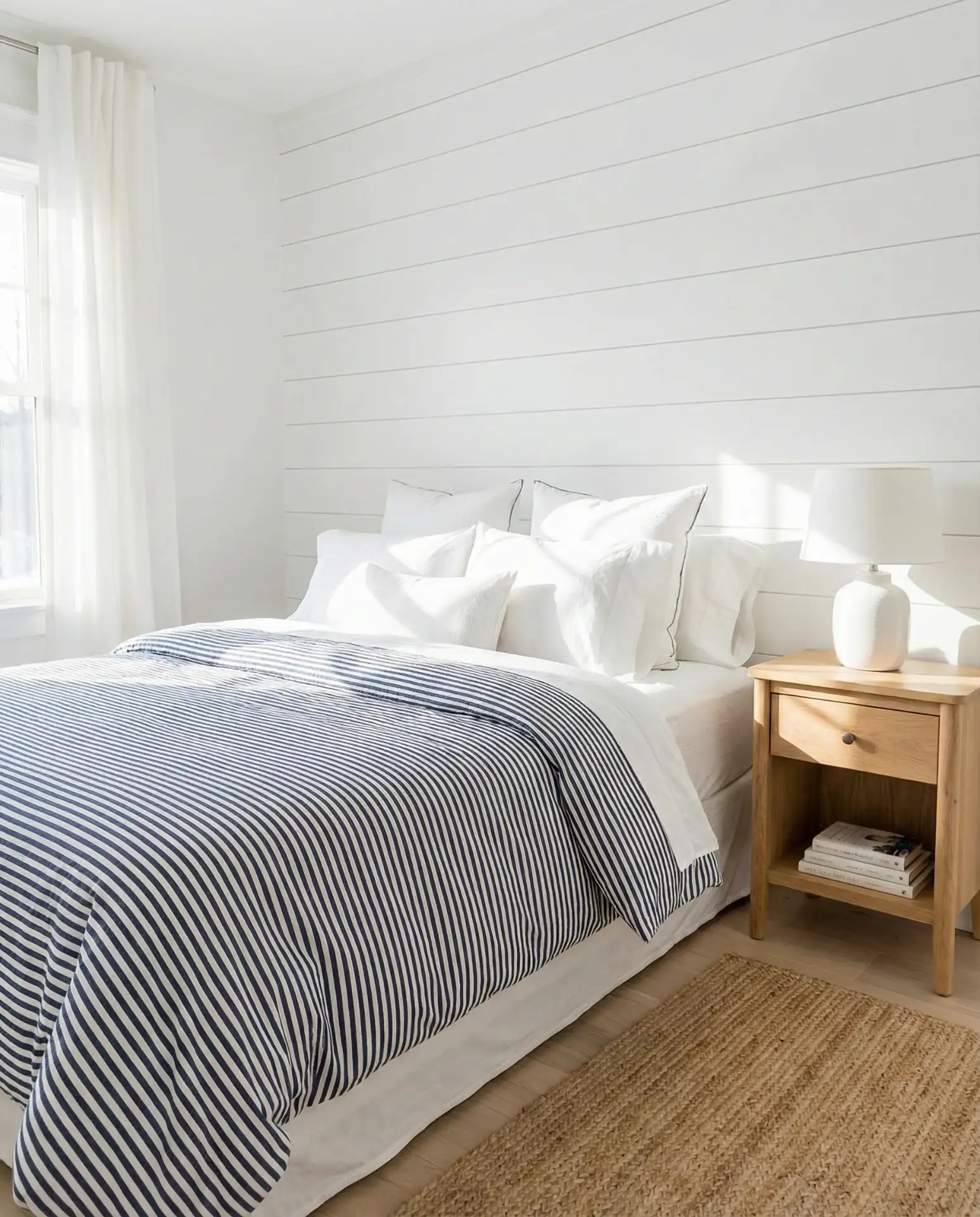 White Bedroom with Blue and Navy Stripes 1