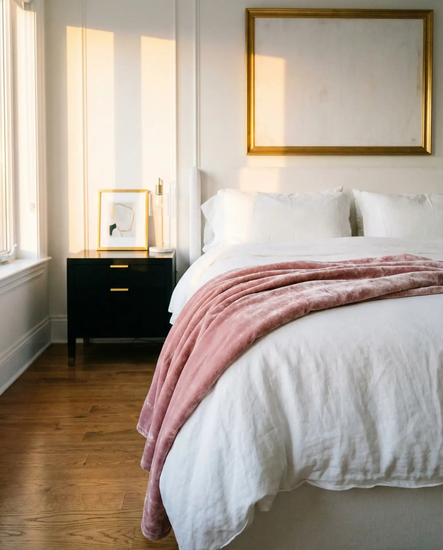 White Bedroom with Pink, Black, and Gold 1
