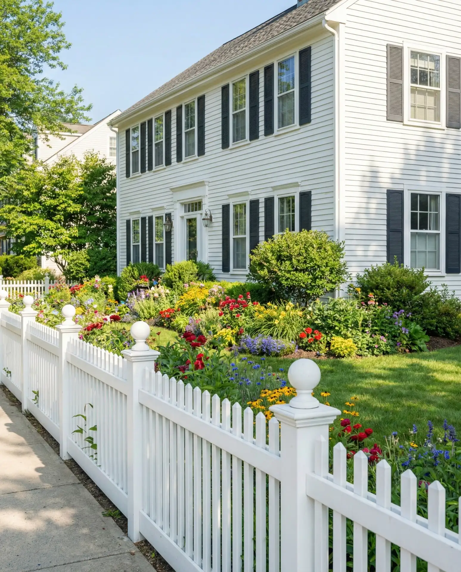 White Picket Fence with Decorative Post Caps 2
