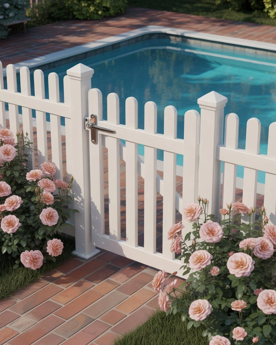 White Picket Pool Fence with Gate Hardware 1