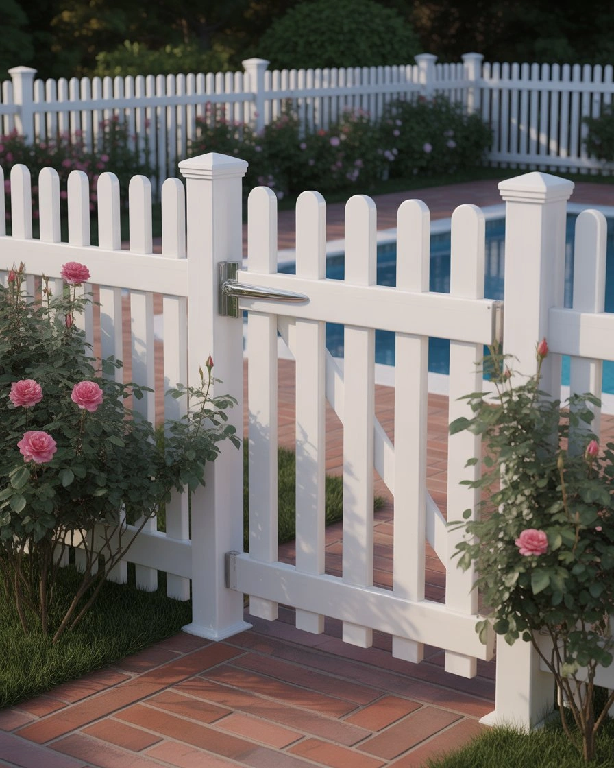 White Picket Pool Fence with Gate Hardware 2