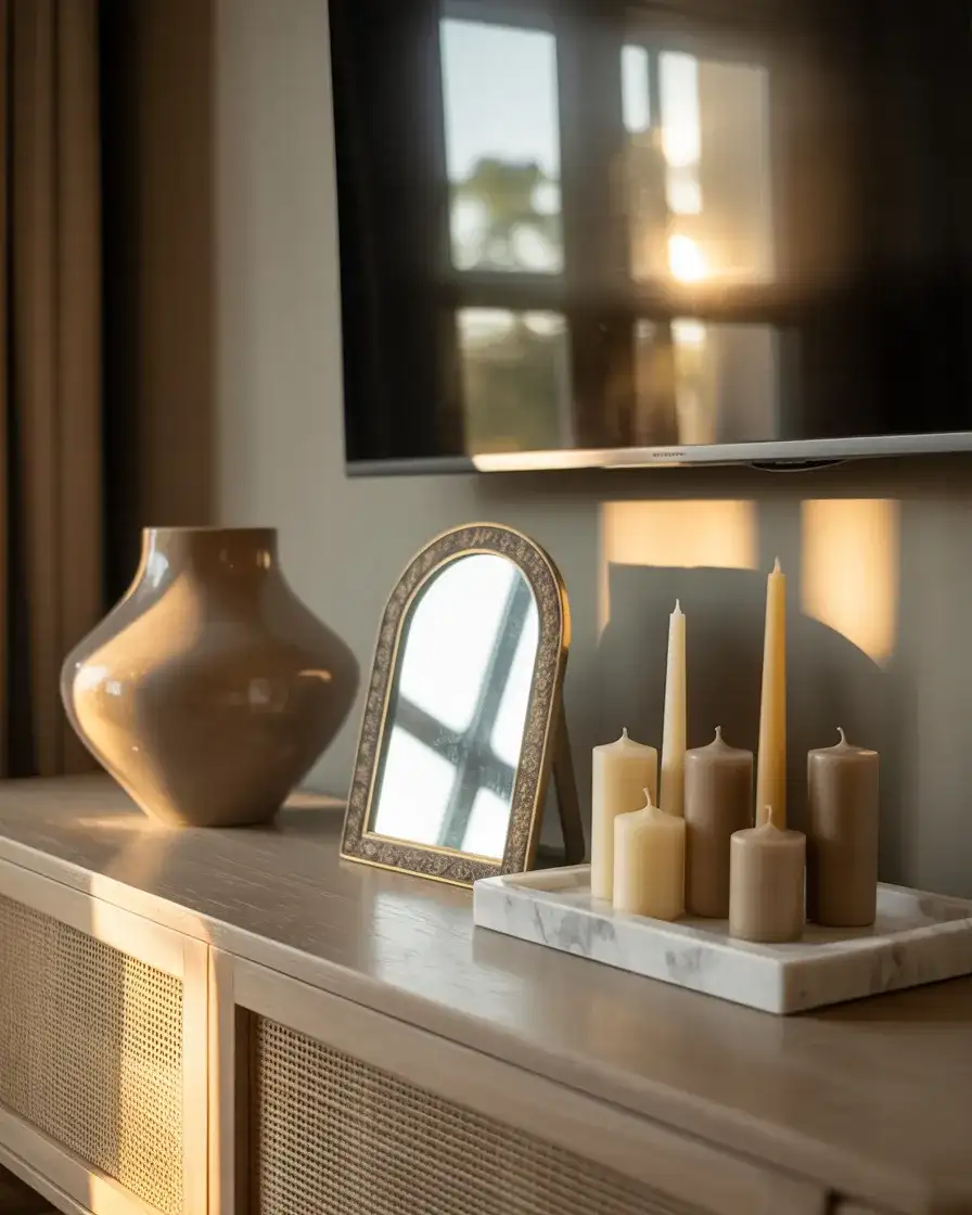 Aesthetic Console Styling with Candles, Arches, and Sculptural Decor 1