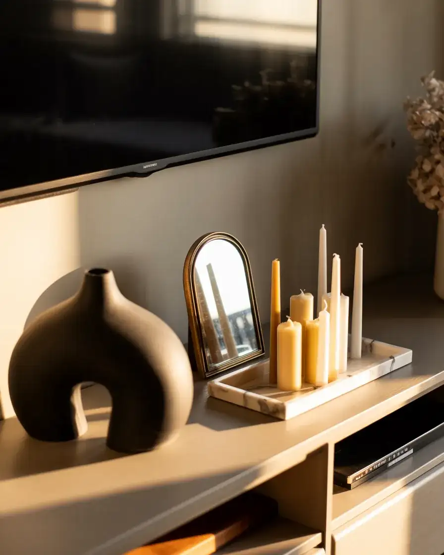 Aesthetic Console Styling with Candles, Arches, and Sculptural Decor 2